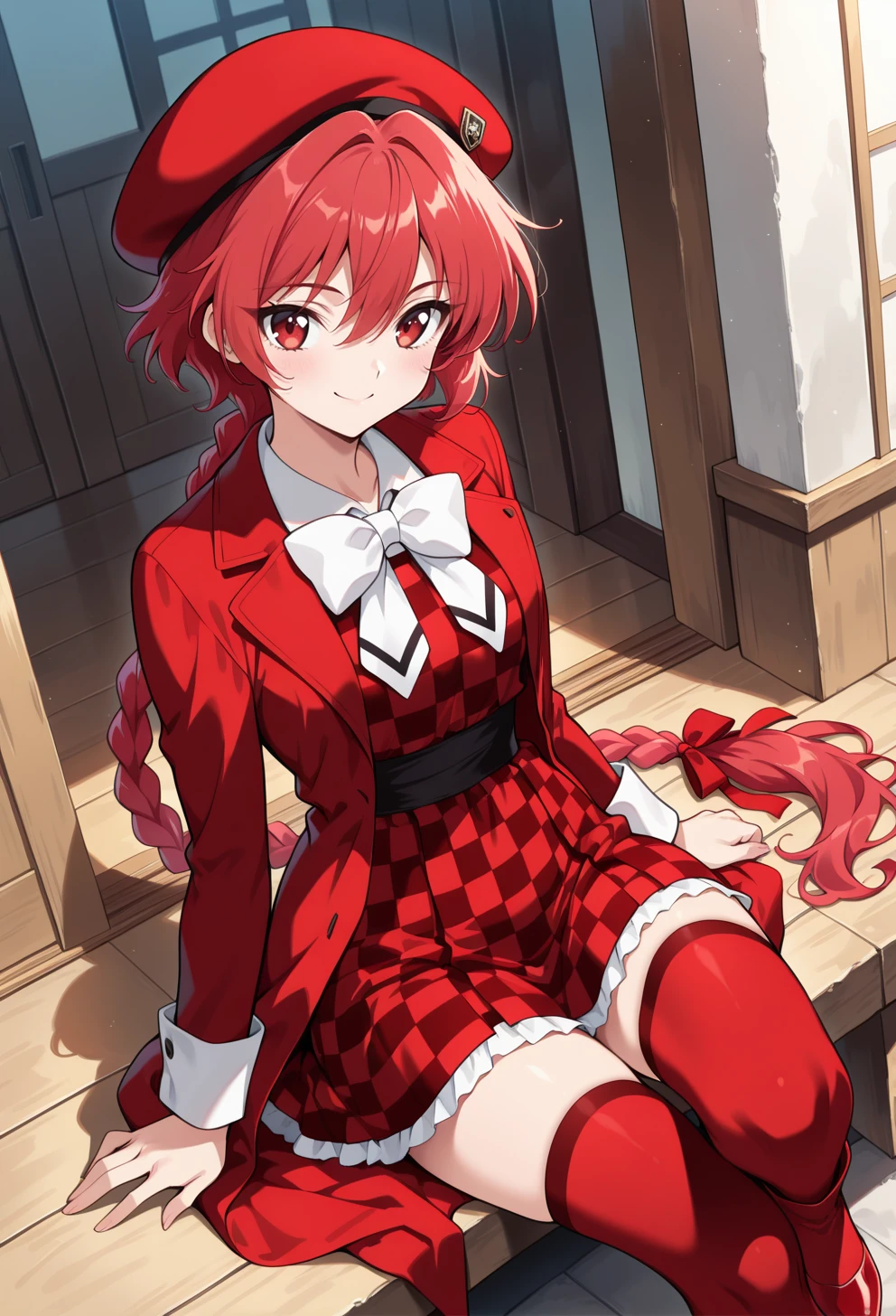 masterpiece, best quality, high quality, anime, solo, <lora:AEHikaruillx:1>
AEHikaru, red eyes, red hair, hair between eyes, long hair, long braid, braided ponytail, single braid, hair ribbon, red ribbon, red beret, long long sleeves, red dress, checkered dress, red coat, open coat, red thighhighs, red footwear, smile,