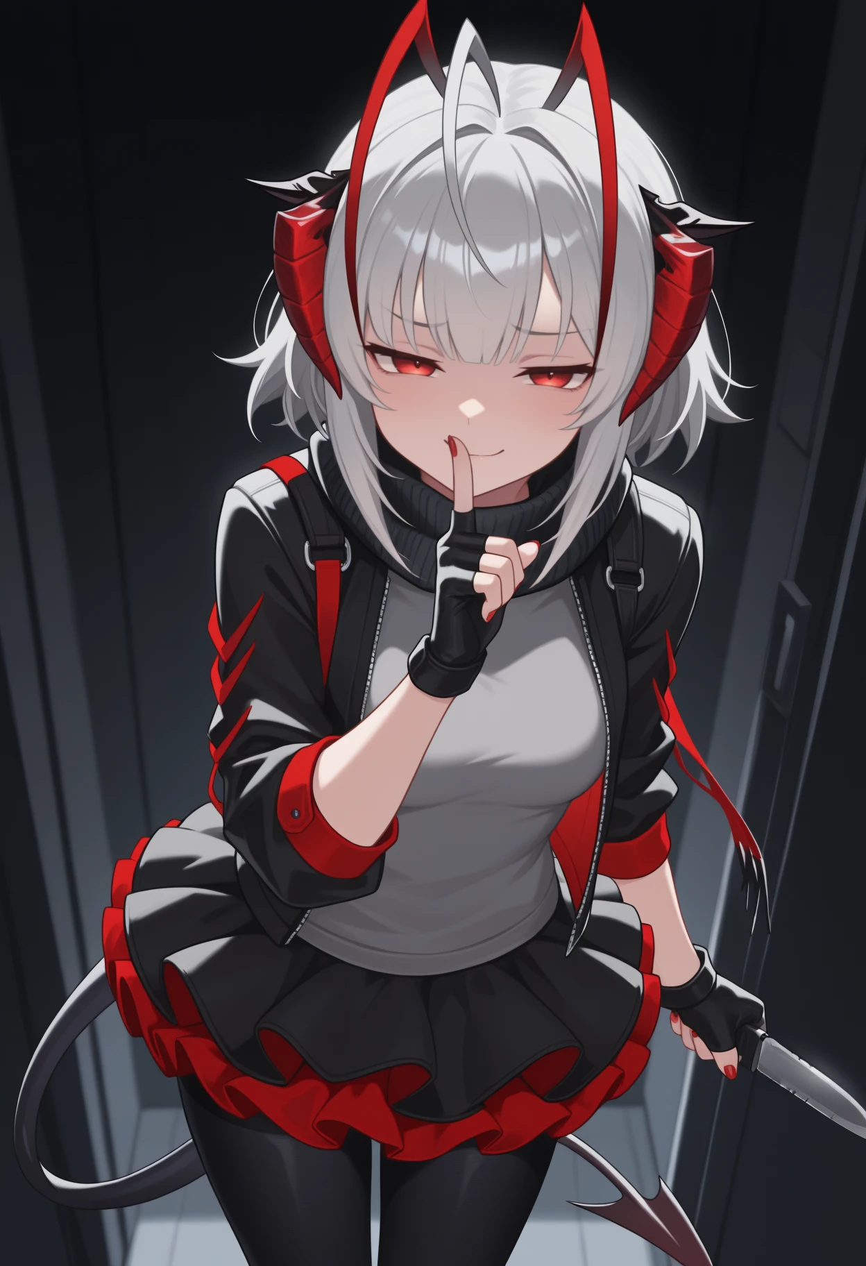 masterpiece, best quality, solo, 1girl, wdef, demon tail, smug, looking at viewer, standing, finger to mouth, shushing, holding knife, combat knife, short hair, multicolored hair, grey hair, red hair, ahoge, antenna hair, demon horns, antennae, red eyes, half-closed eyes, black jacket, open jacket, sleeves past elbows, grey shirt, black gloves, fingerless gloves, layered skirt, black skirt, red skirt, miniskirt, black pantyhose, black scarf, red nails, indoors, dark background
<segment:yolo-Anzhc Face seg 640 v2 y8n.pt,0.4,0.5//cid=1>