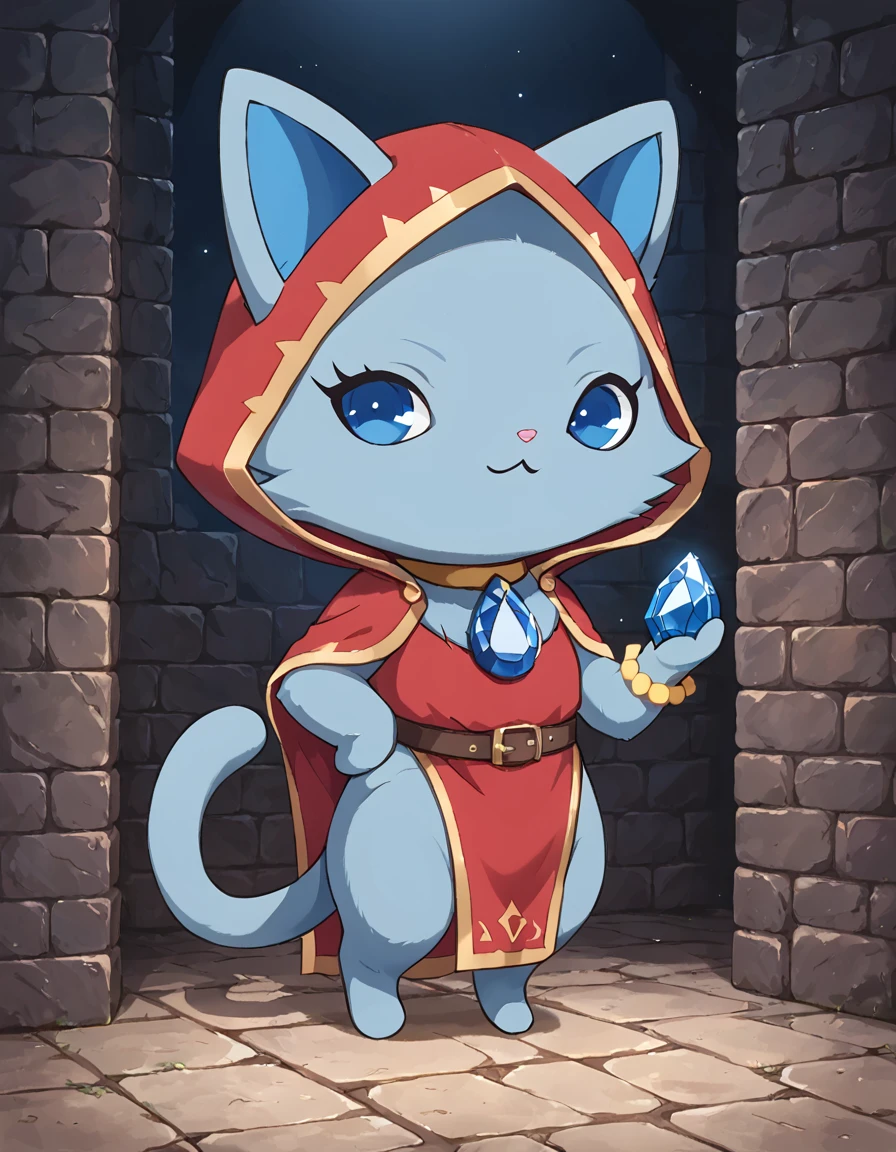 score_9, score_8_up, score_7_up, source_furry, realistic, female, furry, solo, jplapis, female, cat, chibi, feral, blue body, blue inner ears, blue gem, yellow choker, chest fur, blue tail, yellow bracelet around an arm, fortune teller, hood, red clothing, holding crystal ball, blue eyes, looking at viewer, smug face, hand on waist, detailed dark background, underground, stone walls, <lora:jp_Lapis_Pony:1>