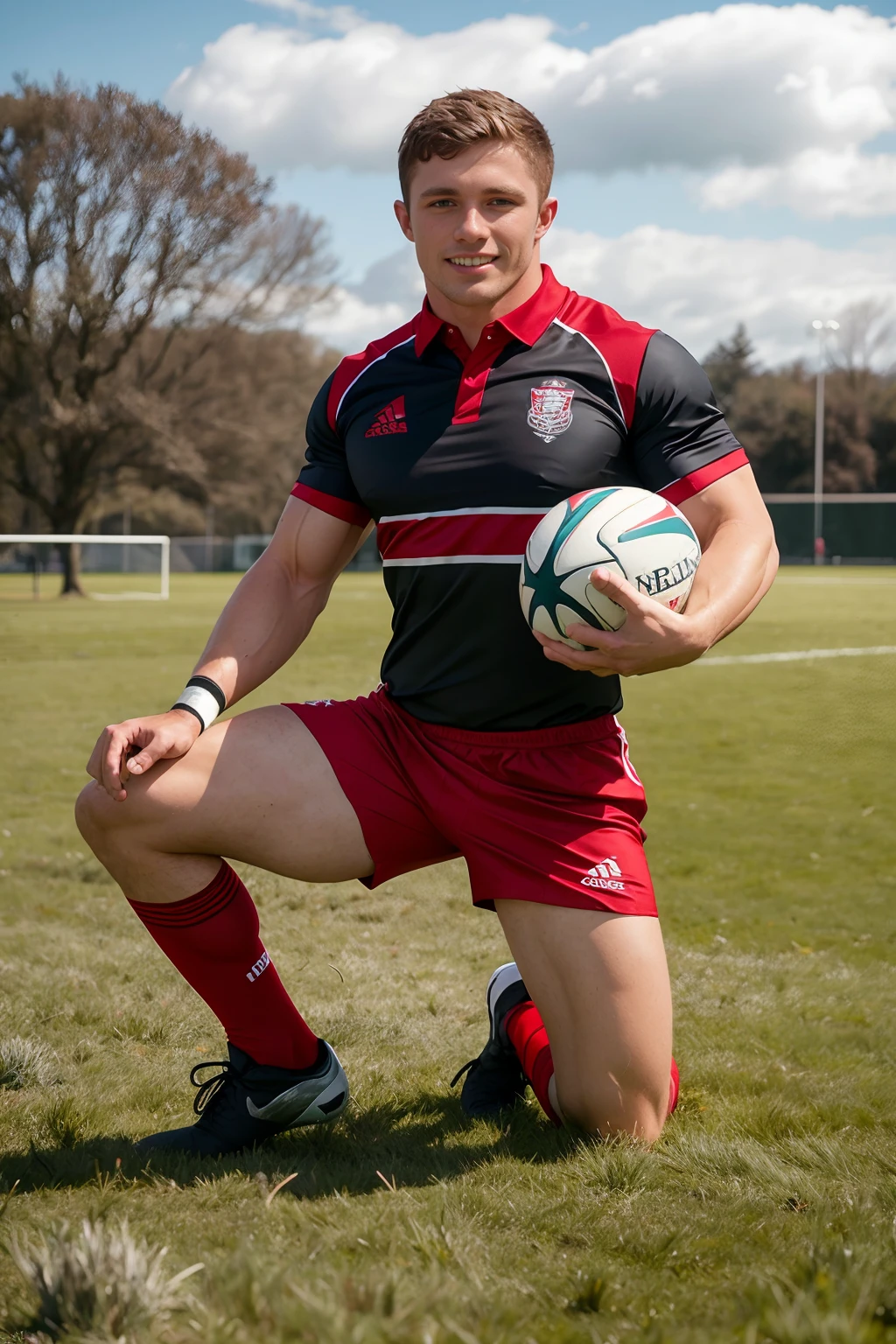 grass rugby field, MarkieMore, smiling, wearing red and silver rugby uniform, red jersey with silver trim, red shorts, silver gray socks, black sneakers, holding a rugby ball, (((full body portrait))), wide angle   <lora:MarkieMore:0.8>