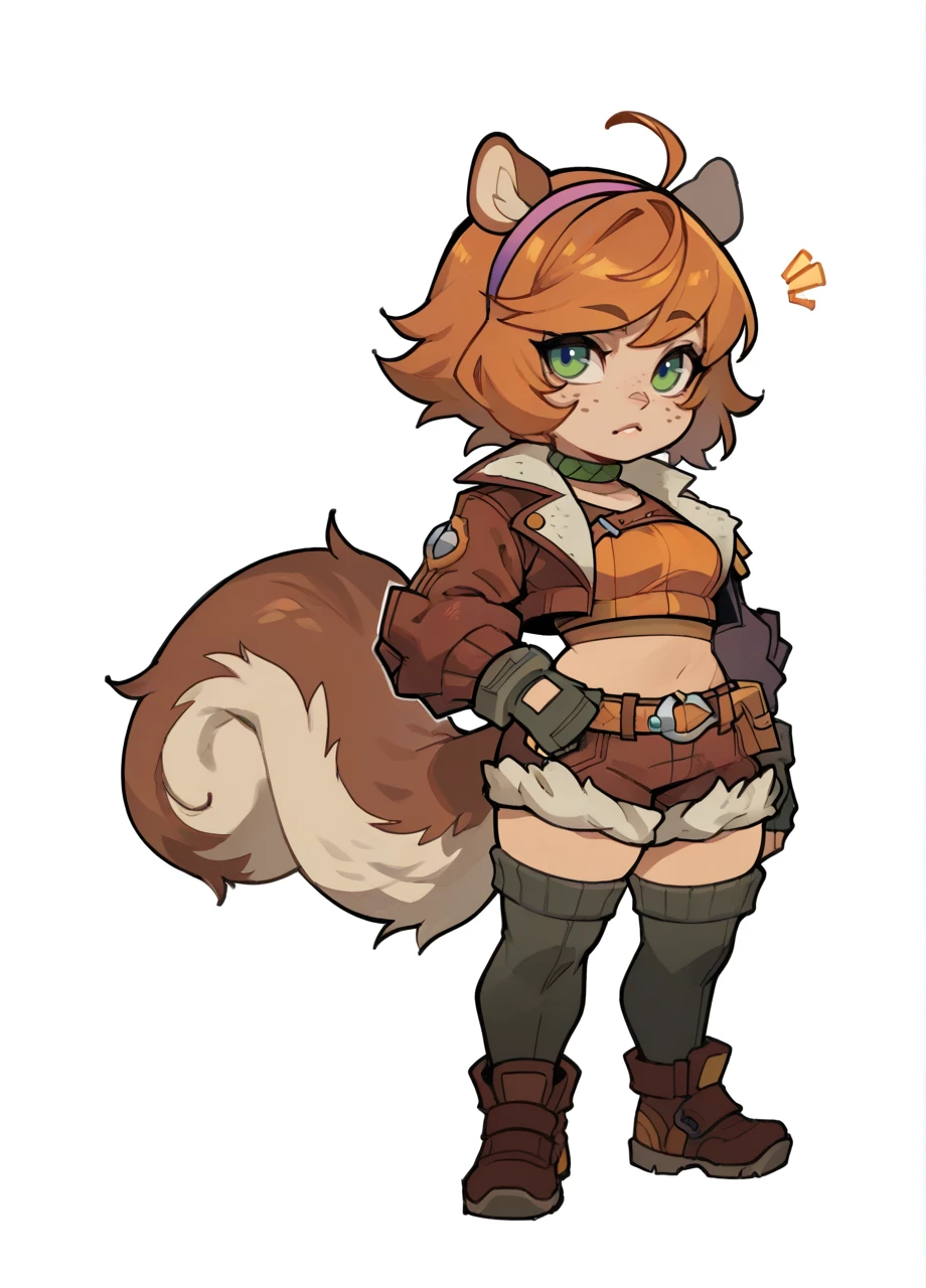 1girl, solo, full body, chibi, white background, crop top, open jacket, fingerless gloves, shorts, belt, thighhighs, short hair, hairband, squirrel tail, freckles, mrsqrgrl <lora:MR_SquirrelGirl-PONY:0.8>, score_8_up, score_7_up, score_6_up, score_5_up, score_4_up,