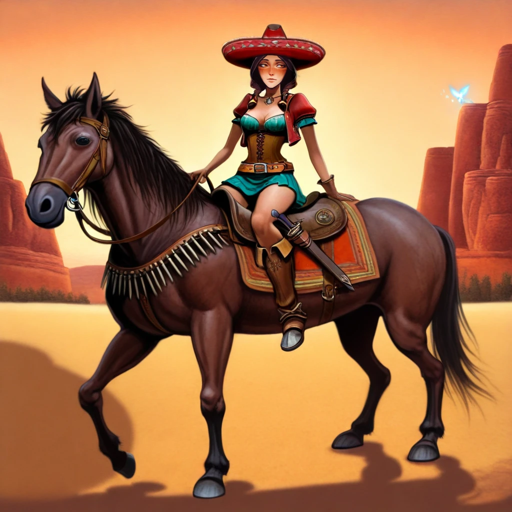 Fairy tale <lora:Wild_West_Wild_Frontier_Outlaws-Illustrious:1> ovtlawz,dark fantasy, ultra realistic painting, (Julie Bell) a Texan-Mexican outlaw rides through a narrow canyon, his sombrero casting a shadow over his chiseled features. His embroidered leather vest and woven sash mark his heritage, while his ammunition belt and revolvers declare his outlaw status. He sits tall in the saddle, his hand resting on the pommel of his saddle as his horseâs hooves kick up red dust. The lighting is golden, reflecting off the sandstone and casting a reddish glow on his weathered face. . Magical, fantastical, enchanting, storybook style, highly detailed