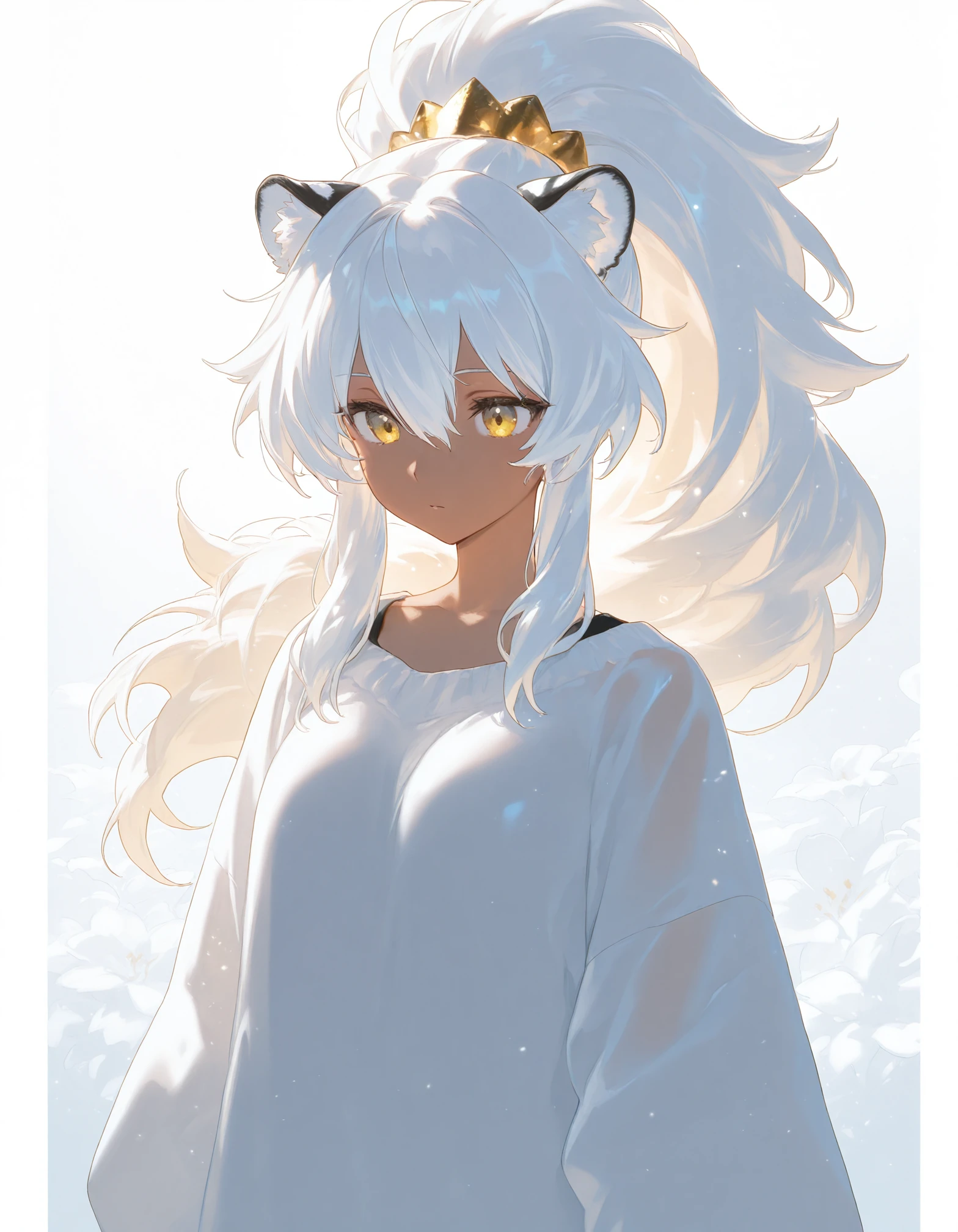 masterpiece, best quality, good quality,
anime character, white hair, gold eyes, (dark skin), high ponytail, golden hair ornament, (fluffy big hair), white tiger ears, solo, girl, water particles, general, white background, pure, iridescent sidelighting, clear outlines, pillarboxed, outside border, floral border