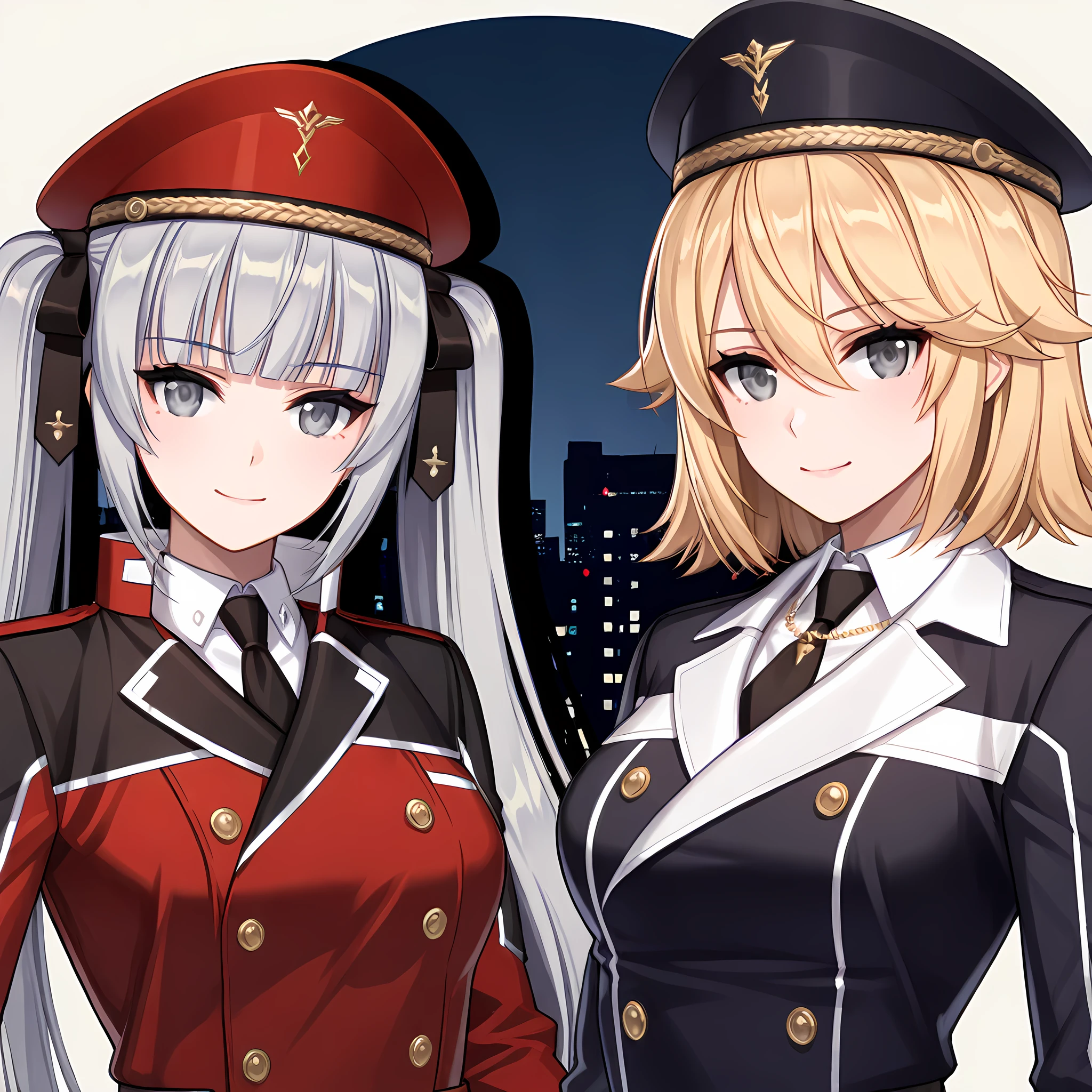 Create a high-quality, high-resolution image of a single female character in a cell-shaded anime style. She has short silver hair, is wearing a red blazer, a red tie, a white shirt, a red mini pencil skirt, black tights, and red heels. The character is holding and firing guns in both hands. She has a good figure, a beautiful face, a black belt, and a glamorous body. The character is a 2 woman. The background should be a sunset over a slum area, creating a dramatic and intense atmosphere.