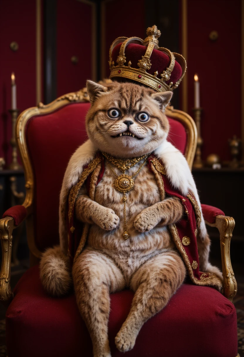 5tuff3d 4n1m4l, a cat dressed as a king sitting on a velvet throne in a grand hall, with a crown resting crookedly on its head.  