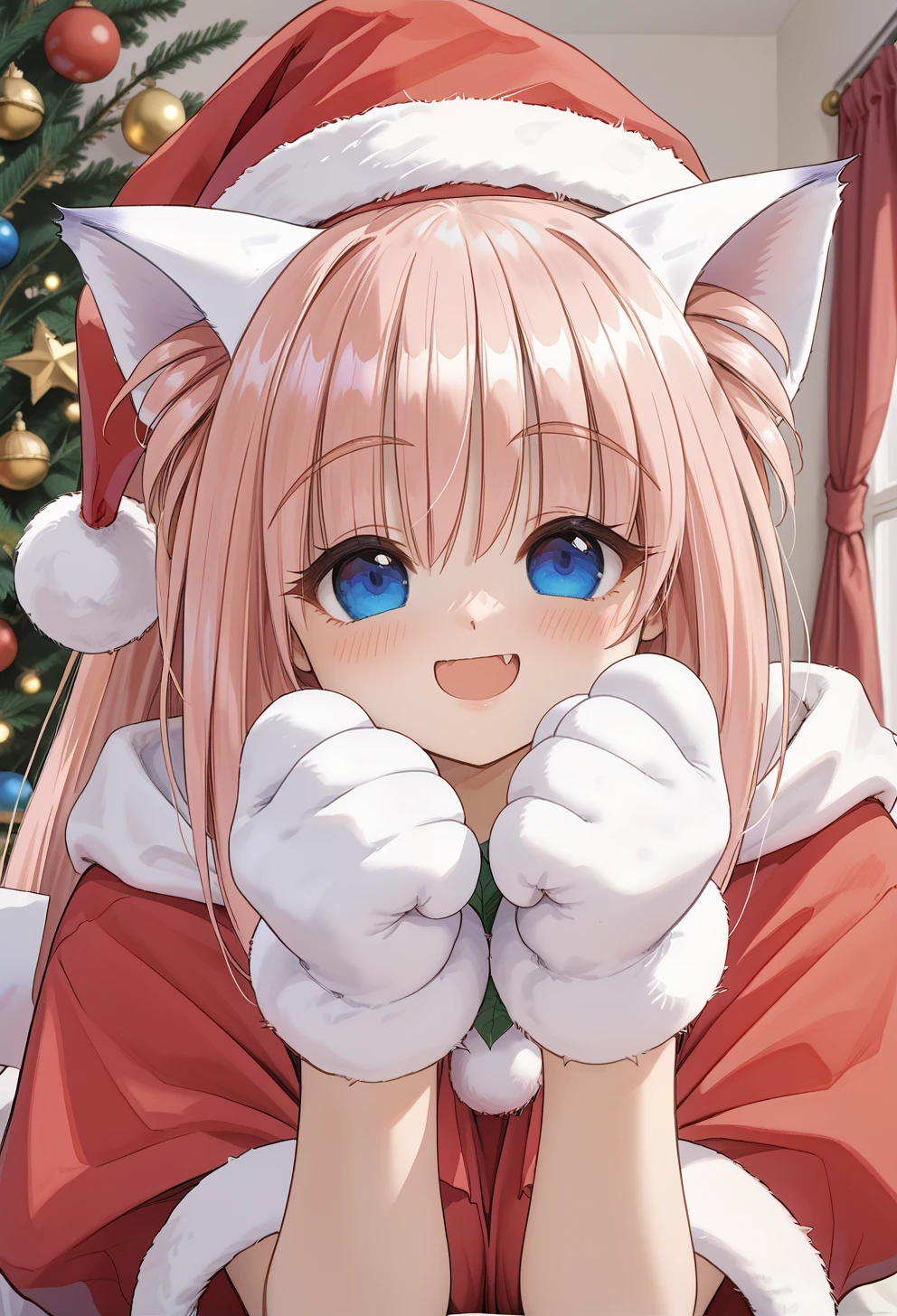 score_9, score_8_up, score_7_up, source_anime, 1girl,  solo, solo focus, rating:safe,
Melody_Sinclair,  long wide ponytail, paw gloves, fang, large breasts, five fingers,  santa hat, santa dress, cat ears,  cat ears only, hair covering ears, long bangs, side-swept hair,
close-up, face focus,  paw pose, blush, smile, wink, 
<lora:Melody_Sinclair-v2-Pony-rev2_1:1>