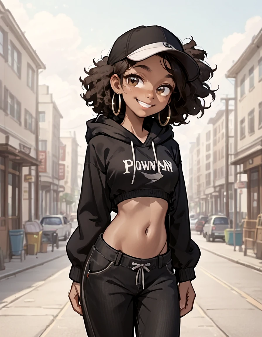 <lora:PonyXL_-_Shon_Howell_Style - Epoch 8:0.75> 1girl, female focus, pinup, solo, makeup, navel, smile, breasts, very colorful, dark brown eyes, dark black hair, afro, dark skin, dark skinned female, baggy clothes, docker pants, dark pants, hoodie, dark hoodie, backwards cap, hat on backwards, hoop earrings, in a run down neighborhood, hood rat, tough bitch,, source_cartoon, score_9, score_8_up, score_7_up, score_6_up, score_5_up, score_4_up,