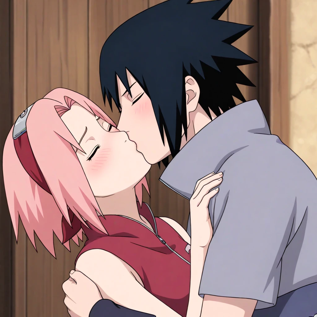1girl,haruno sakura,pink hair,short hair,forehead protector,closed eyes,red sleeveless shirt,left side,hand on another's shoulder,1boy,Sasuke Uchiha,black hair,spiky hair,closed eyes,gray shirt with short sleeves,black arm guard,medium shot,facing each other,blush,holding close,holding each other,holding each other,deep kiss,head tilt,kiss,closed eyes,deep kiss,head tilt,kiss,konohagakure village background,anime screenshot,best quality,masterpiece,highres,absurdres,8k