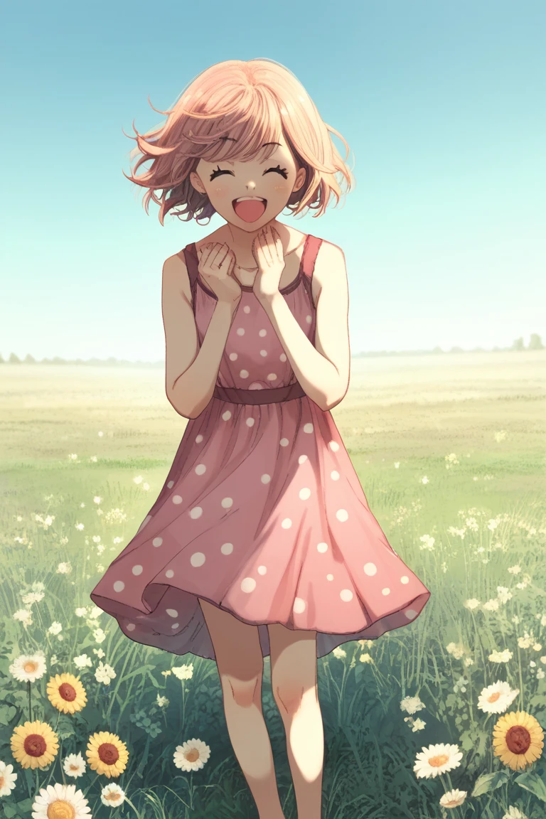 , score_9, score_8_up, score_7_up,    ozzzzyStyle,  1girl, pink dress, white polka dots, twirling,  grass, field, flowers, happy, clear blue sky