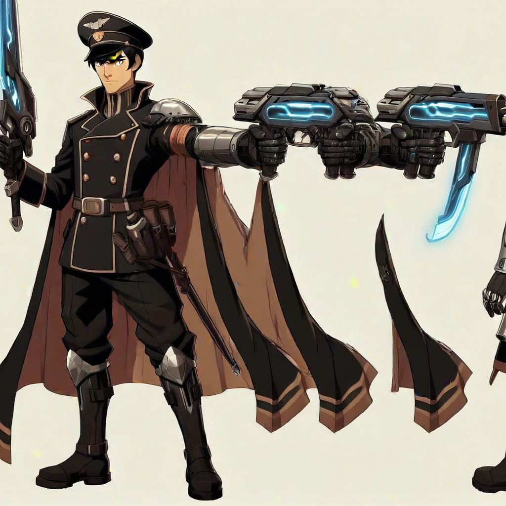 1boy, male focus, Neo equalists hat, Mechanical left arm, hat, cape, handgun, holding, gun, solo focus, Neo equalist uniform, sword, single mechanical arm, Black boots