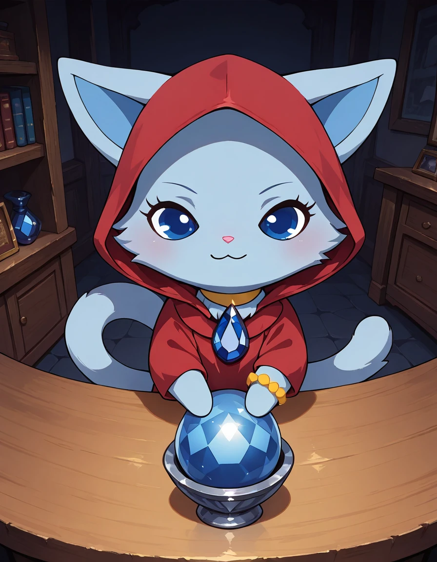 best quality, masterpiece, realistic, female, furry, solo, jplapis, female, cat, chibi, feral, 3 toes, blue body, light blue inner ears, blue gem, yellow choker, chest fur, blue tail, yellow bracelet around an arm, red fortune teller outfit, hood, hugging crystal ball, blue eyes,  looking at viewer, smug face, beyond table, detailed dark background, arabic room, from above  <lora:jp_Lapis_Illustrious:1>