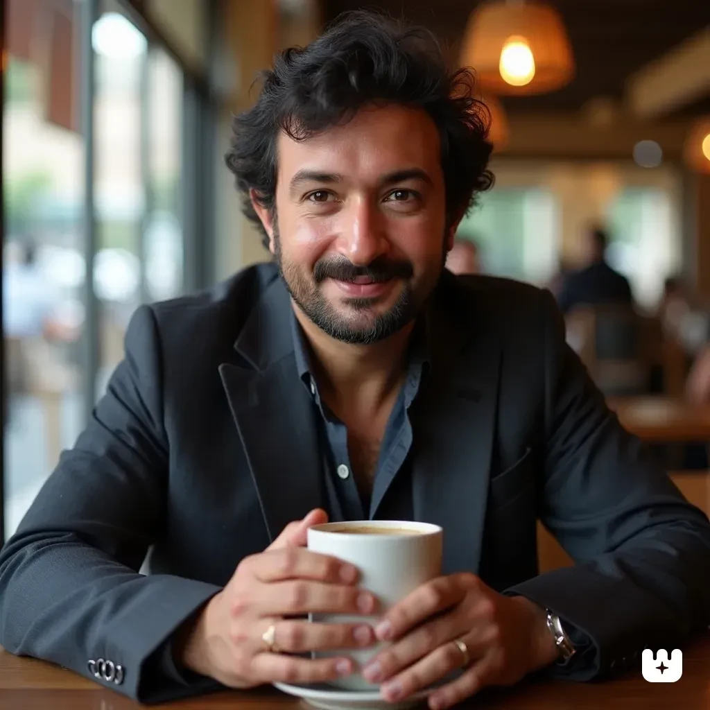 realistic photo of man, solo, NOUSHE, sitting in a cafe holding a coffee, looking at the viewer, smiling