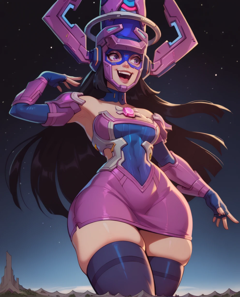 score_9,score_8_up,score_7_up,score_6_up,score_5_up,score_4_up,
galactamr,purple eyes,helmet,black hair,long hair,laughing,
dress,chest jewel,giantess,standing,thighhighs,skindentation,curvy,
space,flat background,solo,
<lora:GalactaMR:0.9>,