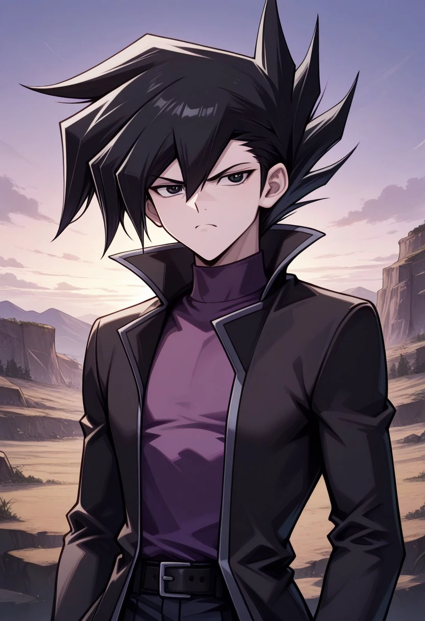 masterpiece, best quality, 
chazzgx, 1boy, male focus, solo, black eyes, black hair, spiked hair, bangs, hair between eyes, shirt, purple shirt, turtleneck, coat, black coat, long sleeves, open coat, open clothes, frown
outdoor, sky,