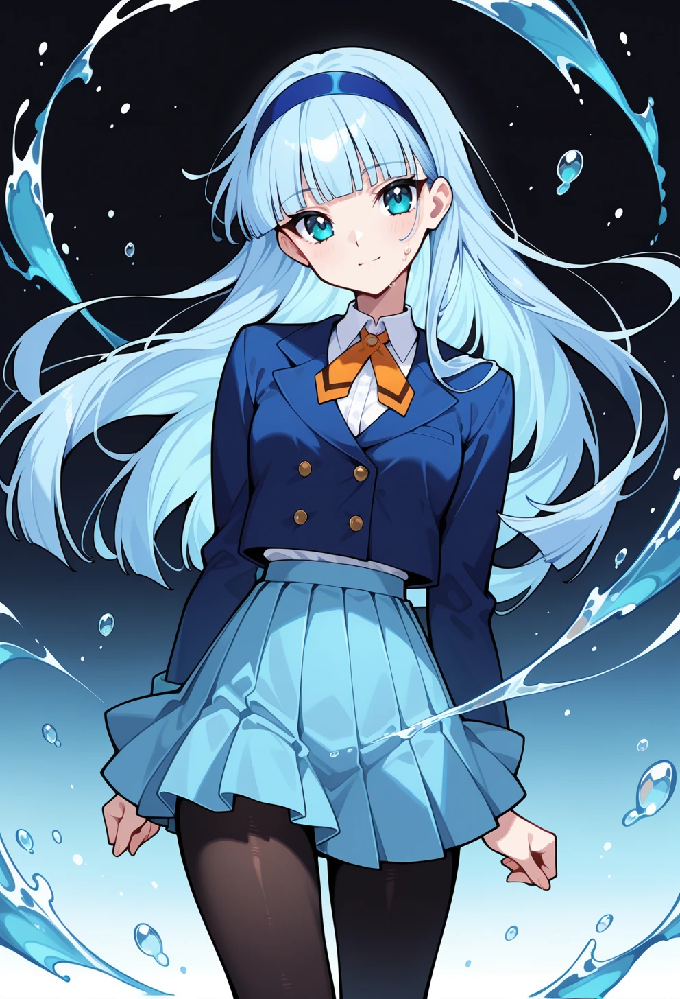 masterpiece, best quality, high quality, anime, solo, portrait, 
 <lora:AEUmiIlx:1>
AEUmiDef, blue eyes, blue hair, blunt bangs, long hair, blue hairband, school uniform, blazer, blue jacket, long sleeves, collared shirt, orange ribbon, white shirt, blue skirt, pleated skirt, black pantyhose, 
standing, light smile, straight-on, head tilt, gradient background, blue background, black background, water drop, hydrokinesis,