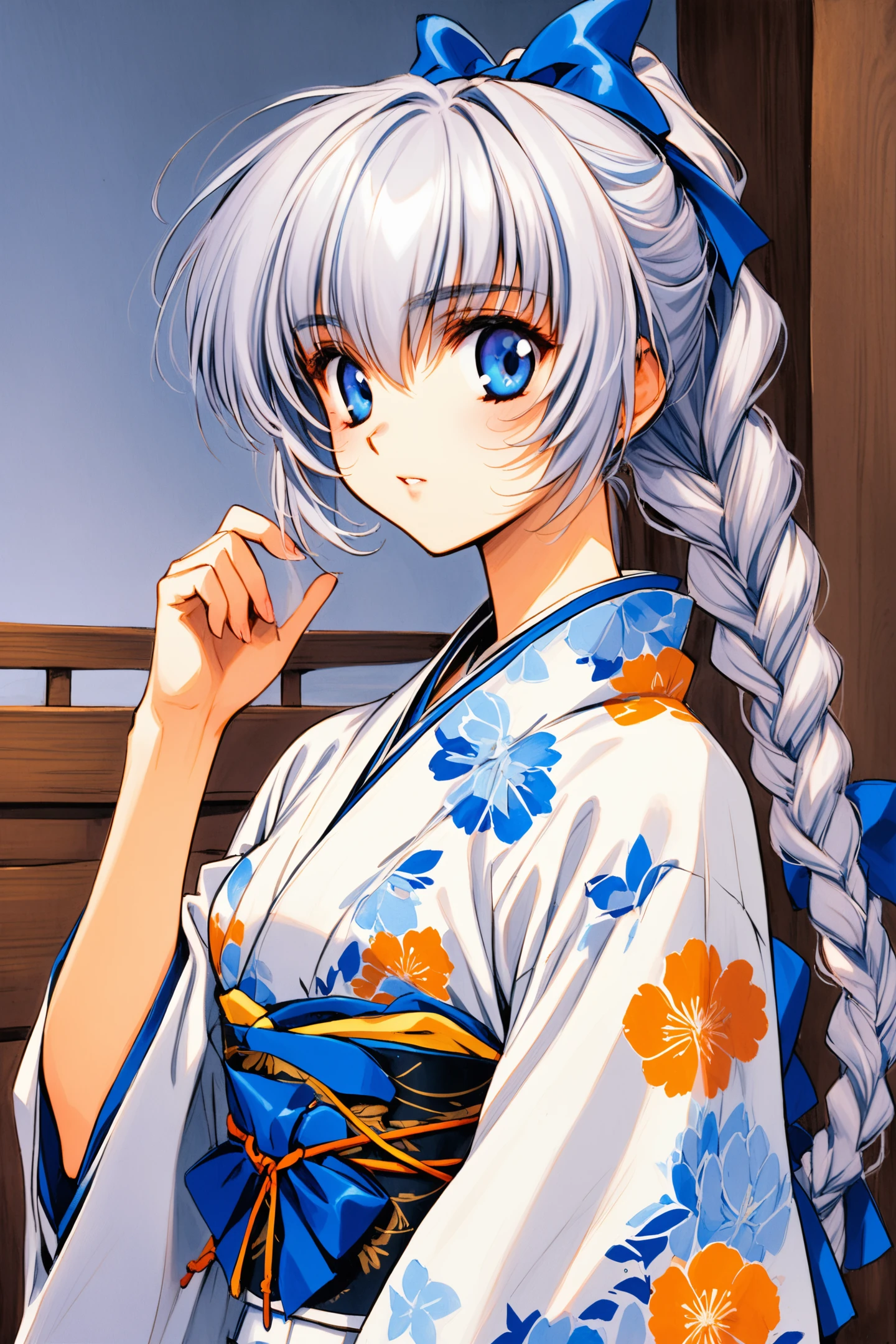 Teletha Testarossa,1girl,solo,grey hair,blue eyes,blue bow,braided ponytail,japanese clothes,white kimono,wide sleeves,sash,blue floral print,blue obi,standing,traditional media,looking at viewer,upper body,
<lora:Shiki Doji_XL_V1.1:0.8>,