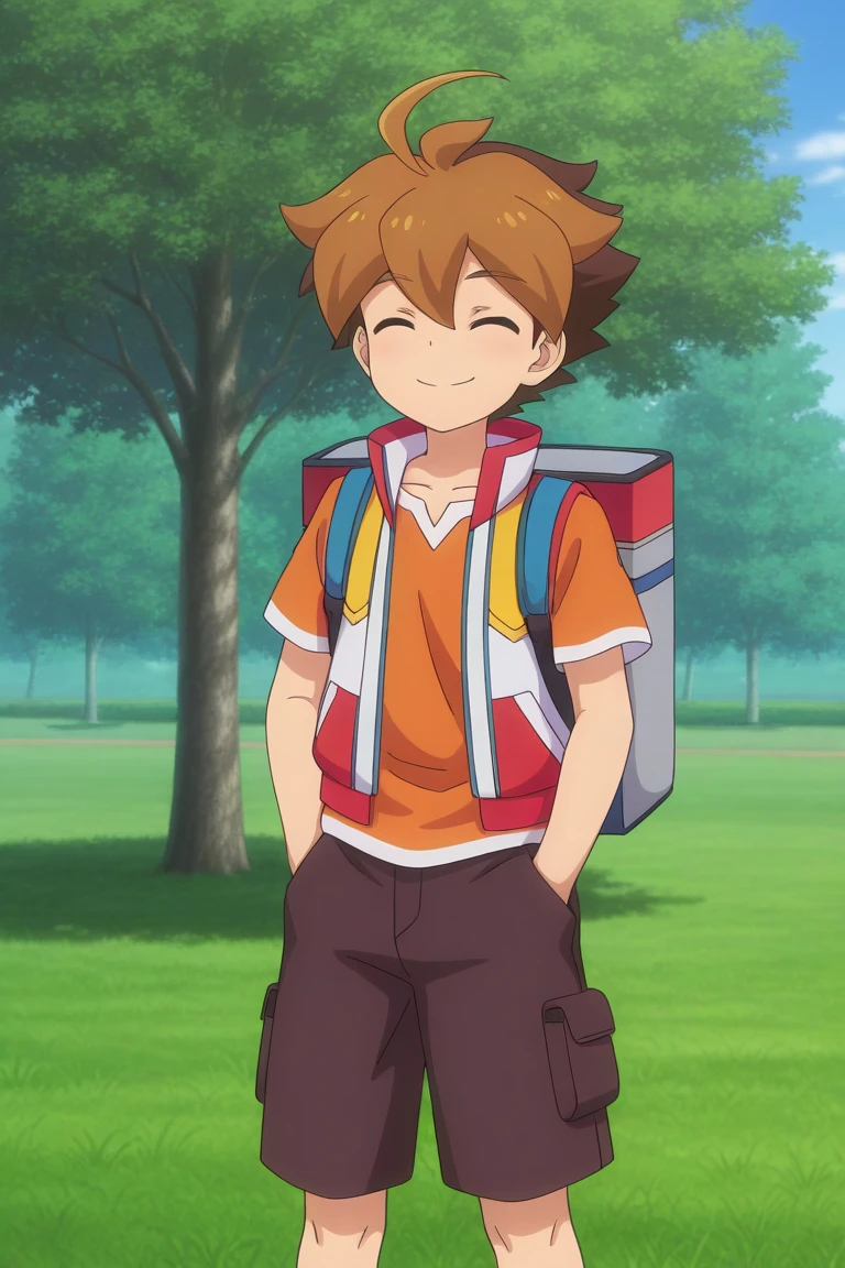 score_9, score_8_up, score_7_up, score_6_up, score_5_up,score_4_up, 
masterpiece, best quality, amazing quality, very aesthetic, absurdres, newest,
 leo, brown hair, two-tone hair, orange eyes, sleeveless jacket, orange shirt, 1boy, male focus, solo, closed eyes, hands in pockets, bag, shorts, backpack, smile, ahoge, outdoors, tree, hand in pocket, grass, brown shorts