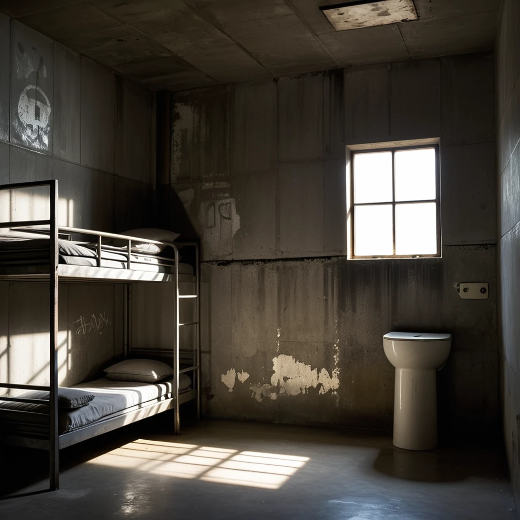 A dimly lit prison cell with cold, gray concrete walls, a small barred window letting in a faint beam of light, and a bunk bed with a steel frame and thin, worn mattresses stacked one above the other. A simple steel toilet is positioned in the corner, and a scratched wooden desk sits nearby. The atmosphere feels oppressive and isolated, with shadows casting stark contrasts on the walls. The floor is cracked and uneven, and faint graffiti etched into the walls hints at the stories of previous occupants. The room exudes a sense of confinement and solitude.