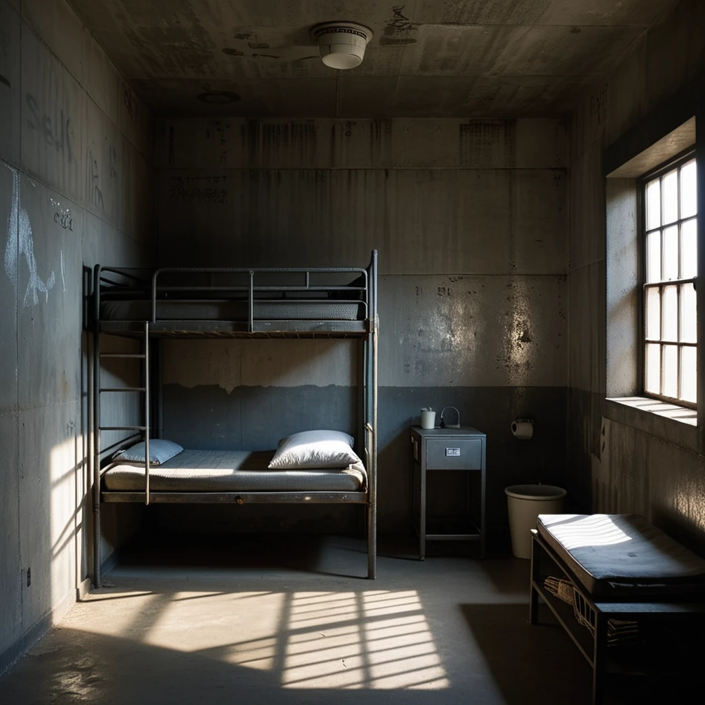 A dimly lit prison cell with cold, gray concrete walls, a small barred window letting in a faint beam of light, and a bunk bed with a steel frame and thin, worn mattresses stacked one above the other. A simple steel toilet is positioned in the corner, and a scratched wooden desk sits nearby. The atmosphere feels oppressive and isolated, with shadows casting stark contrasts on the walls. The floor is cracked and uneven, and faint graffiti etched into the walls hints at the stories of previous occupants. The room exudes a sense of confinement and solitude.