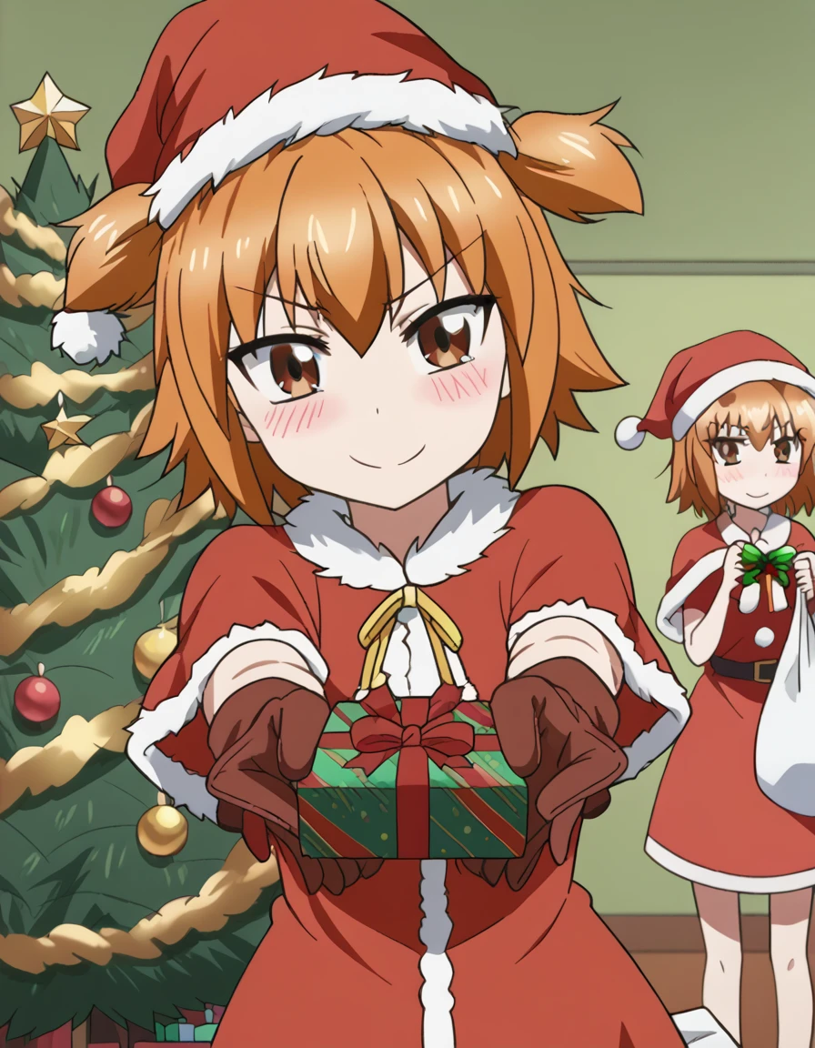 score_9, score_8_up, score_7_up, source_anime, <lora:noe-kazama-s1-ponyxl-lora-nochekaiser:1>, noe kazama, short hair, brown hair, twintails, brown eyes, anime screencap, <lora:santa-costume-ponyxl-lora-nochekaiser:1>, santa costume, santa hat, christmas, sack, merry christmas, gift, fur-trimmed headwear, holding sack, santa dress, fur-trimmed dress, christmas tree, christmas tree, fur trim, red capelet, gift box, red gloves, fur-trimmed capelet, santa gloves, red hat, hat,, smile, blush, looking at viewer, <lora:incoming-gift-ponyxl-lora-nochekaiser:1>, incoming gift, outstretched arms, holding, holding gift, gift, gift box,, , dutch angle, cowboy shot