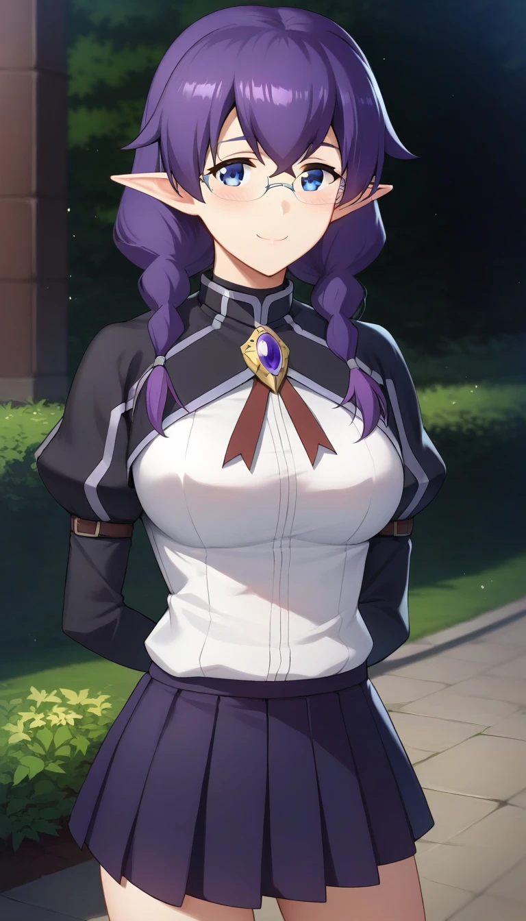 score_9,score_8_up,masterpiece,best quality,correct anatomy,anime_source,1girl,solo,perfect eyes,perfect arms,perfect legs,perfect face,outdoors,upper body,(portrait:1.5),looking at viewer,facing viewer,smile,blush,Maria,long hair,purple hair,twin braids,pointy ears,hair between eyes,bangs,glasses,blue eyes,school uniform,black capelet,long sleeves capelet,brooch,choker,red ribbon,turtleneck shirt,white shirt,juliet sleeves,puffy sleeves,medium breasts,skindentation,miniskirt,purple skirt,pleated skirt,black socks,loafers,<lora:Maria(ek)-Pony:1.6>,