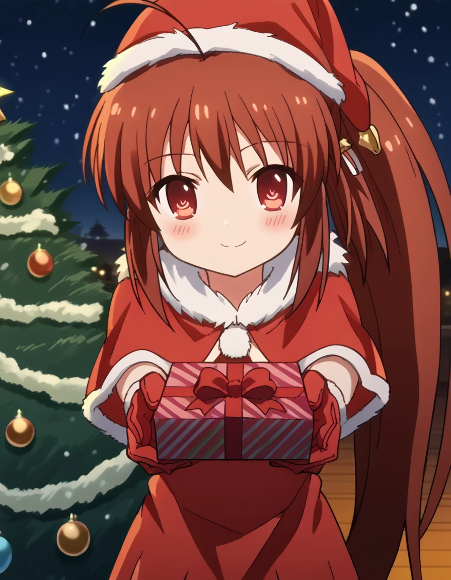 score_9, score_8_up, score_7_up, source_anime, <lora:rin-natsume-s2-ponyxl-lora-nochekaiser:1>, rin natsume, long hair, brown hair, red eyes, ponytail, sidelocks, ahoge, anime screencap, <lora:santa-costume-ponyxl-lora-nochekaiser:1>, santa costume, santa hat, christmas, sack, merry christmas, gift, fur-trimmed headwear, holding sack, santa dress, fur-trimmed dress, christmas tree, christmas tree, fur trim, red capelet, gift box, red gloves, fur-trimmed capelet, santa gloves, red hat, hat,, smile, blush, looking at viewer, <lora:incoming-gift-ponyxl-lora-nochekaiser:1>, incoming gift, outstretched arms, holding, holding gift, gift, gift box,, , dutch angle, cowboy shot