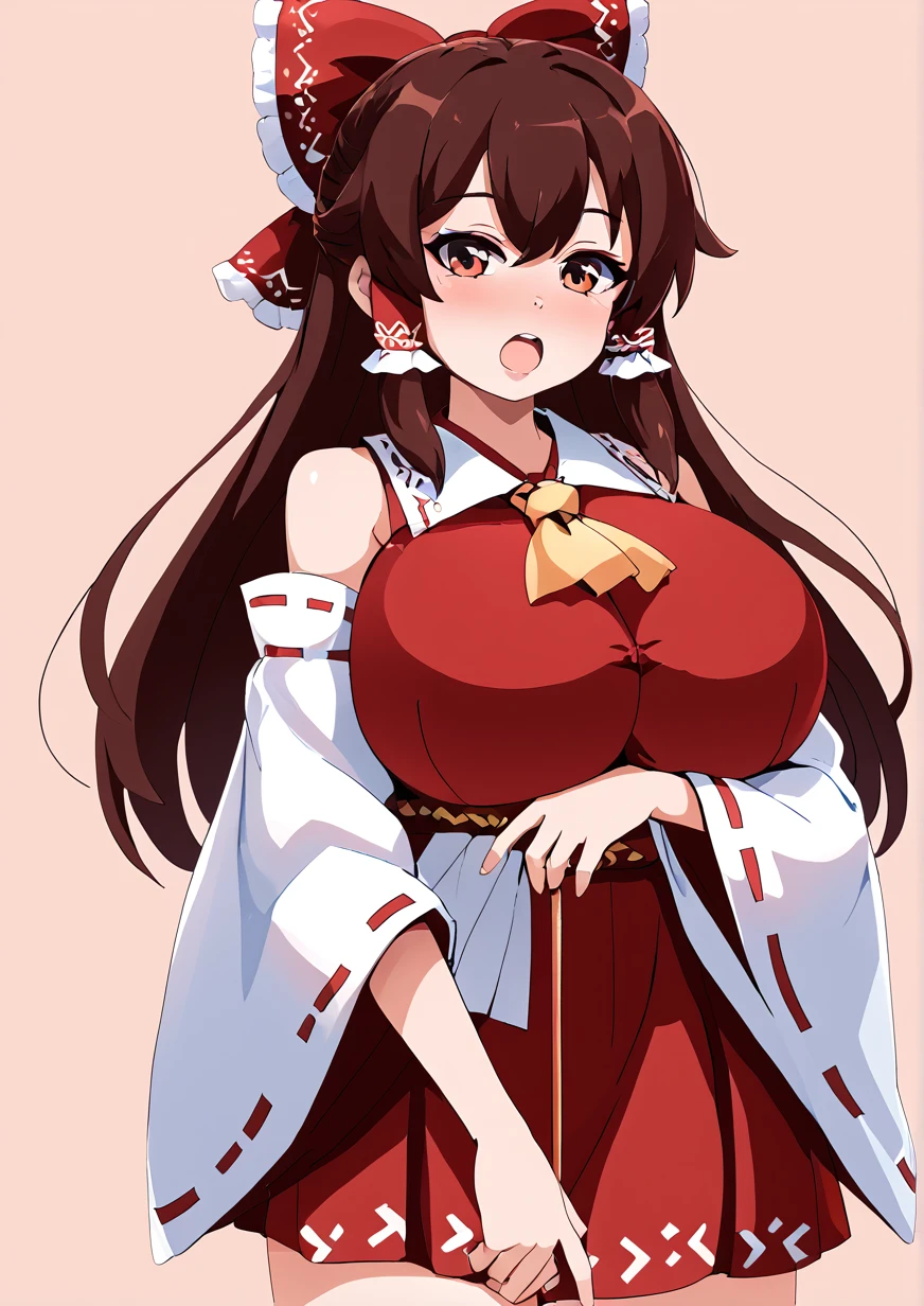 Shuz, (1woman:1) (masterpiece, best quality:1), (ultra-detailed:1.6), wide hips, thick thighs, (thin waist:1.8), (huge breasts:1.8), clothed, navel, (cleavage:1.8), covered nipples, huge nipples bulging in clothes, heart, Reimu Hakurei, bow, hair tubes, detached sleeves, frilled skirt, shrine maiden outfit, cropped top