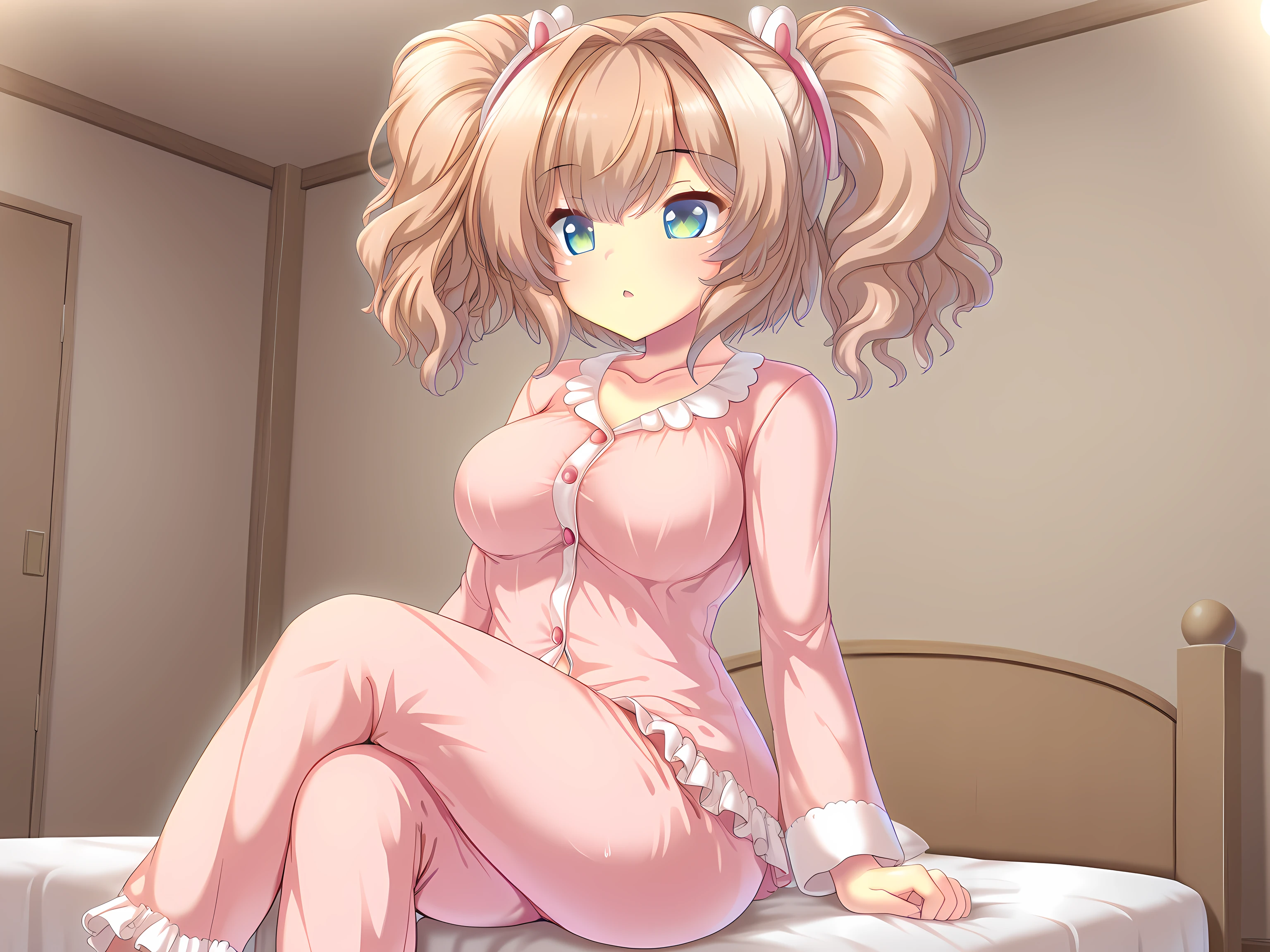 1girl,solo,arisu,pajamas,indoors,large breasts,cowboy shot,bedroom,on bed,sitting,crossed legs,<lora:Yumegishi_Arisu_-_Yamizome_Liberator_-_Escude:1>,, masterpiece,best quality,amazing quality,