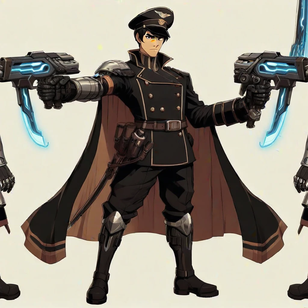 1boy, Black boots, Mechanical left arm, male focus, Neo equalist uniform, Black pants, Neo equalists hat, handgun, from behind, single mechanical arm, hat, gun, sword, solo focus