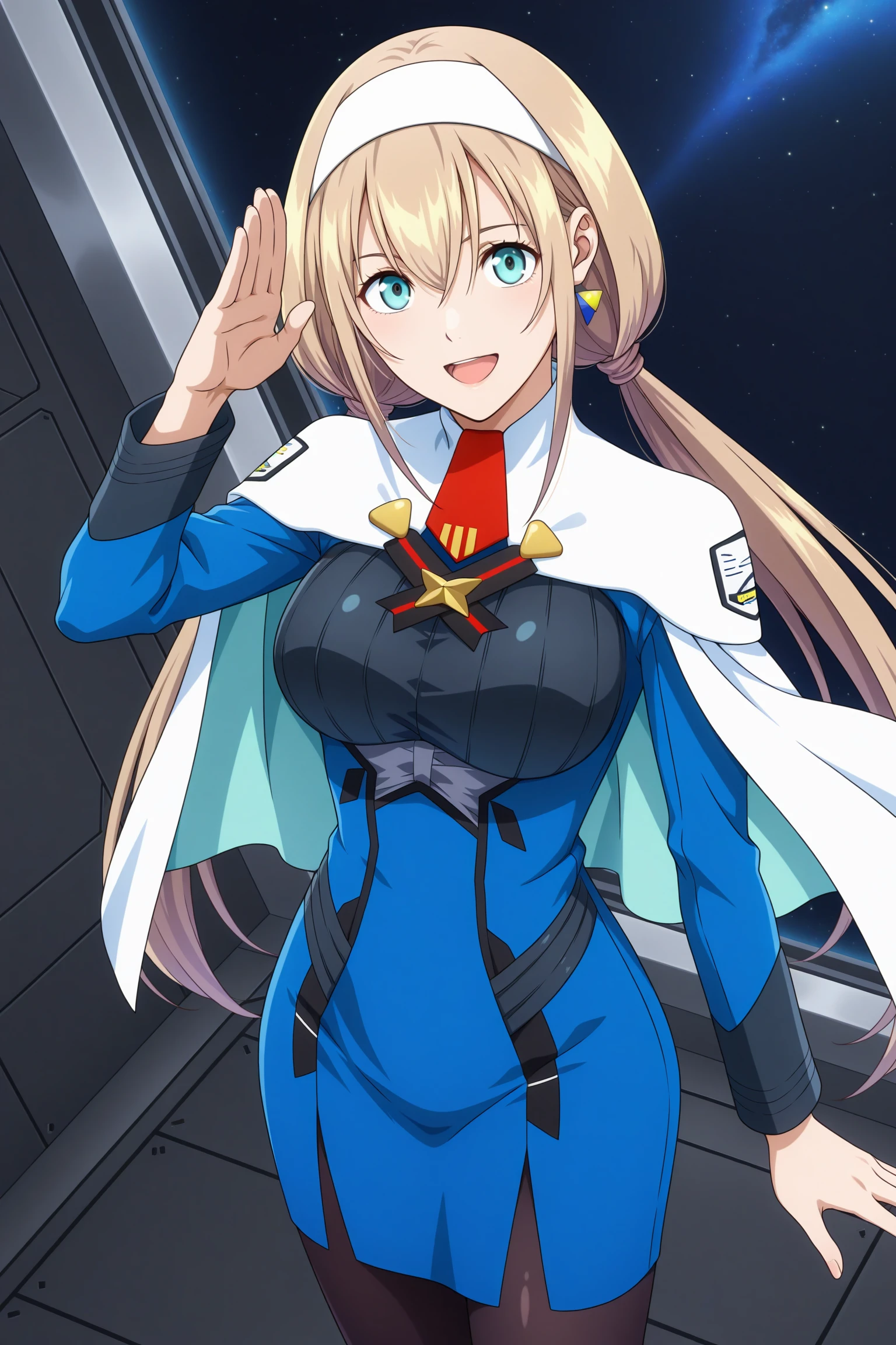 masterpiece, best quality, amazing quality, highres, absurdres, very aesthetic, high resolution, ultra detailed, perfect details, 1girl, solo, science fiction, space, spacecraft, indoors, medium breasts, mitsuba greyvalley, blonde hair, long hair, low twintails, white hairband, blue eyes, single earrings, military uniform, blue dress, long sleeves, white capelet, short necktie, framed breasts, black pantyhose, white footwear, boots, <lora:Mitsuba_Greyvalley_ILXL:0.8>, (aged up:1.5), (cowbot shot:1.5), (pose:1.2), smile, looking at viewer, (anime coloring:1.5), (anime screencap:1.5), open mouth, from above, from side