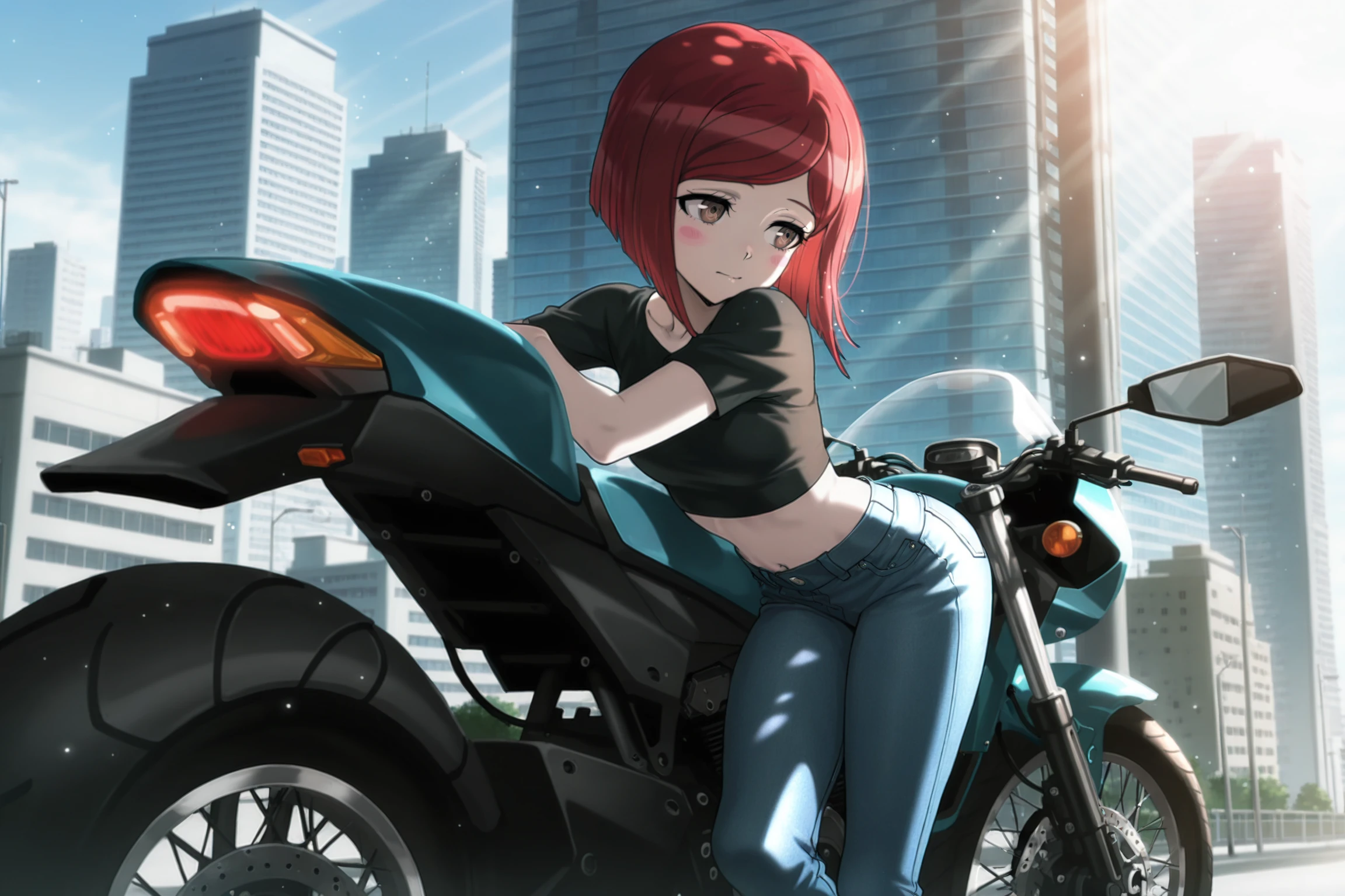 anime screencap, masterpiece, best quality, amazing quality, very aesthetic, absurdres,  newest, (scenery, volumetric lighting),
yumeno himiko, short hair, bangs, brown eyes, pale skin, red hair, blush stickers, bob cut,
jeans, crop top, leaning against motorcycle, cityscape, dappled sunlight, light rays, light particles, day, 
 <lora:HimikoYumeno_IL:0.8>