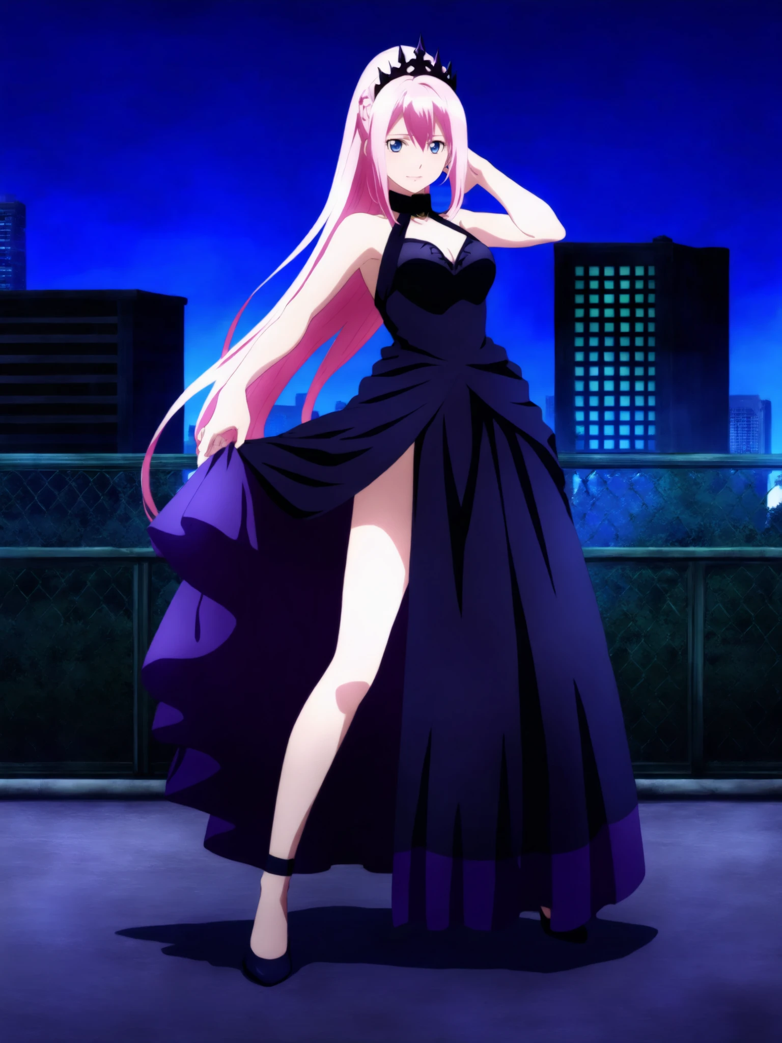 masterpiece,best quality,selie, 1girl, anime coloring, solo,6_Shionne_01B_Black_Dress_ThornsDress, shionne 01b, pale skin, (long hair),  pink hair(blue eyes), black dress, dress 1girl, solo, breasts, looking at viewer, dress, bare shoulders, closed mouth, standing, full body, pink hair, sleeveless, sleeveless dress, crown, purple dress, ,light smile, hand in hair,floating hair, rooftop, chain-link fence,  bright day , blue sky (A bustling city street bathed in crisp morning light at 10 a.m., with vibrant shadows and a clear sky:1.3),  <lora:Shionne_Black_Dress:0.8>