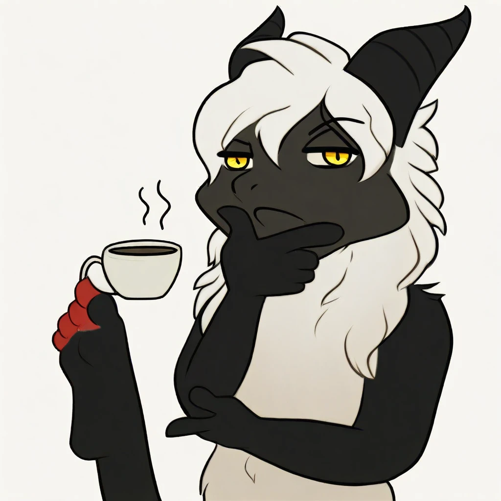 mikus-concept, thinking pose, hand on chin, foot holding cup, upper body, furry, anthropomorphic, anthro, black fur, dragon, white hair, white horns, yellow eyes