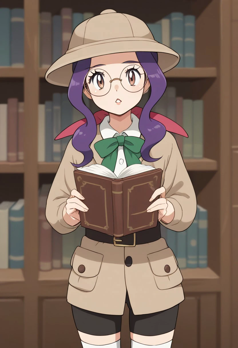 (source_anime, score_9, score_8_up, score_7_up:1), 1girl, solo, trainerjamie, (pink lips:0.5), jamieoutfit, round glasses, pith helmet, holding a book, looking at viewer, parted lips, indoors, bookshelves, pokemon \(classic anime\), anime screencap