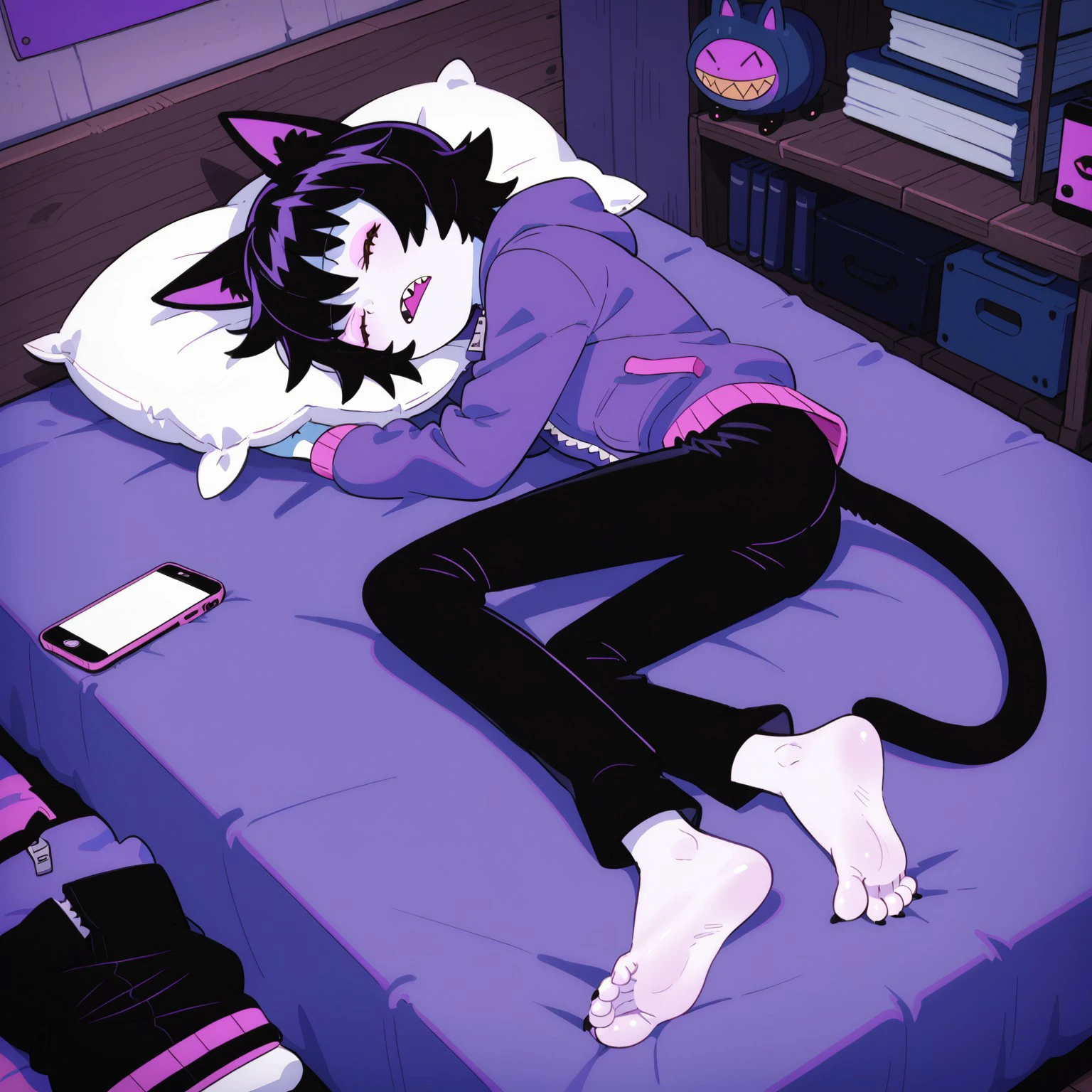 Nelnalium, solo, animal ears, cat ears, colored skin, tail, black hair, cat tail, pillow phone, sharp teeth, sleeping, closed eyes, open mouth, lying, purple jacket, black pants, barefoot, soles