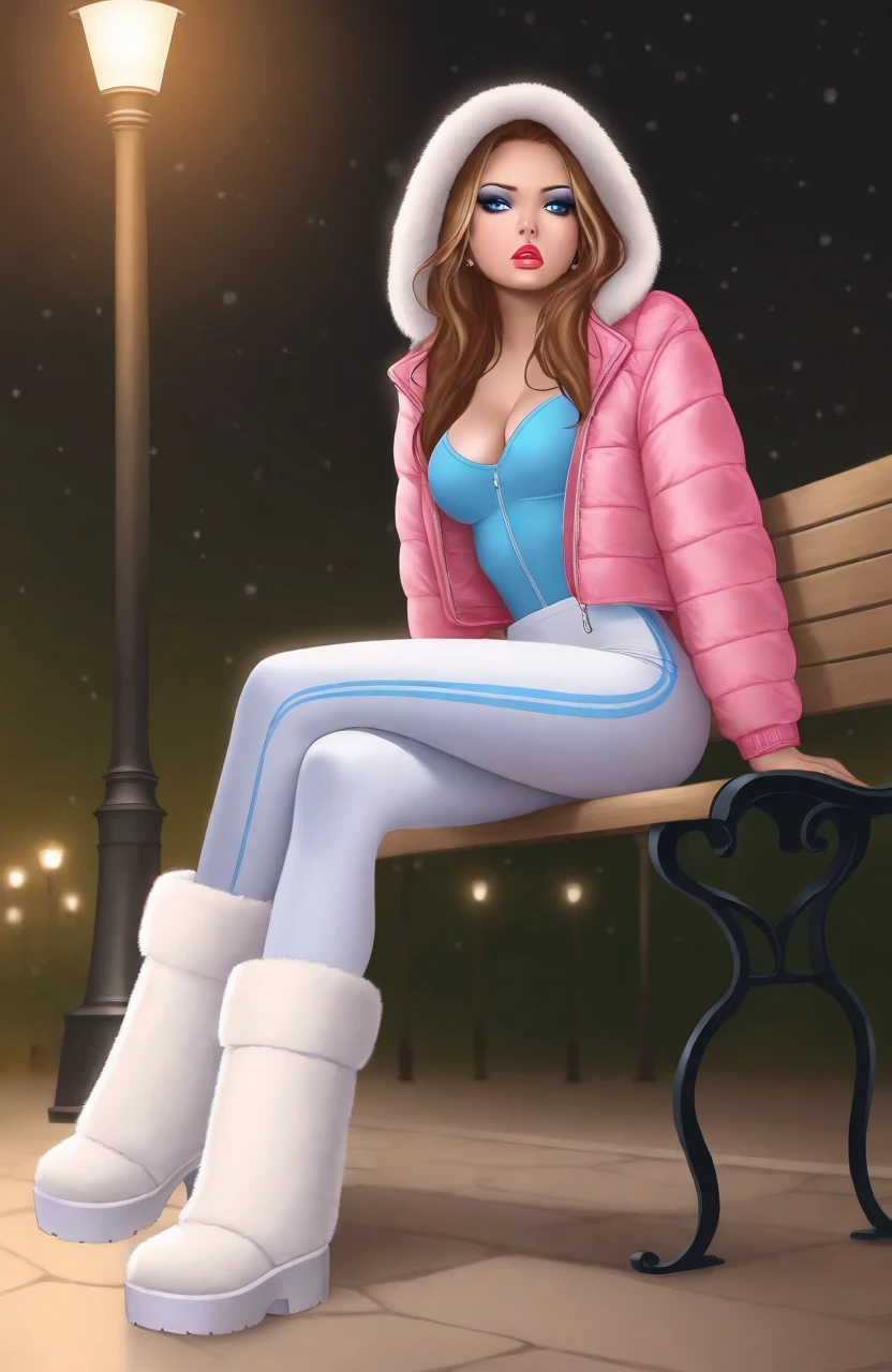 perfect image, masterpiece, best quality, 1girl, solo
 <lora:GarvGirlsILLXL:1> grrvgurls, 1girl, solo, breasts, realistic, outfit, makeup
wearing puff jacket, hood on, insulated white leggings, fur boots, snowy night, sitting on a park bench next to a lamp post, legs crossed