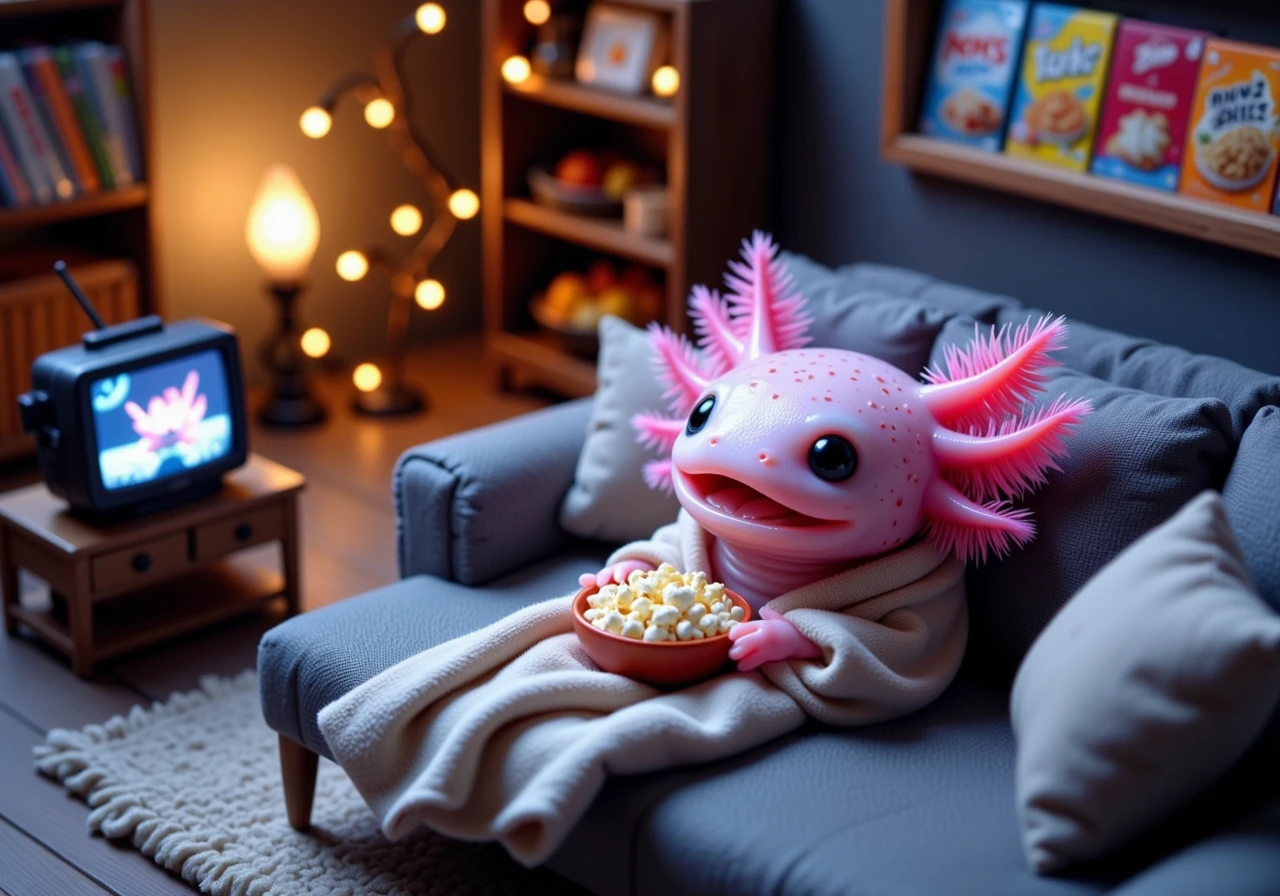 wide angle top down tilt shift image of anthropomorphized axolotls with pink frilly gills, side view of a pink axolotl wrapped in a tiny blanket, nestled on a sofa with a small bowl of popcorn and watching a movie on a miniature TV; its round black eyes are fixed on the screen, and its frilly gills sway in excitement; the room is dimly lit with fairy lights draped over the sofa, and pillows are scattered nearby; the tilt-shift effect blurs the background of shelves lined with DVDs and snacks, creating a snug, cinematic atmosphere perfect for a cozy movie night<lora:Axomodel_Flux_V2.safetensors:0.85:0.85>