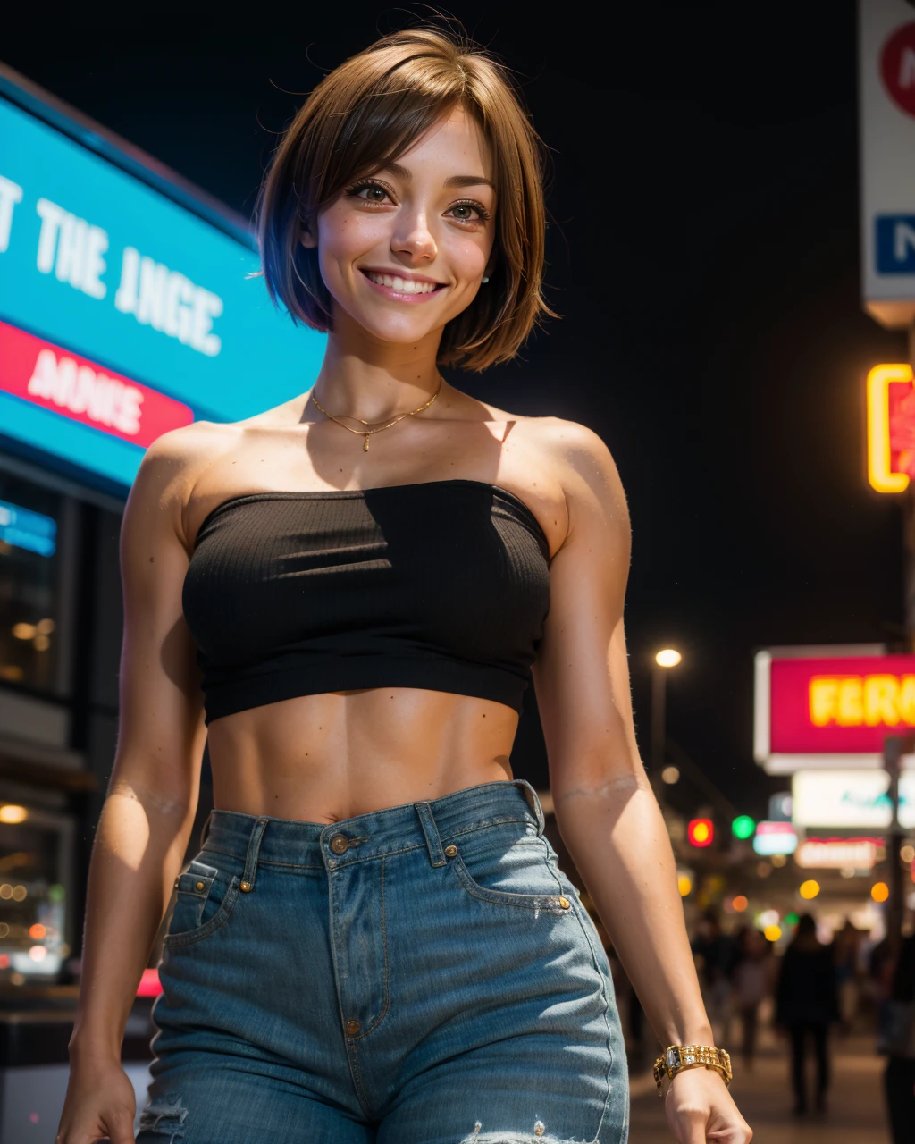 woman, tanyaGNRC, enormous anything, smiling, a Tube top and cargo pants, A futuristic place full of cables with lots of neon lights and led lighting