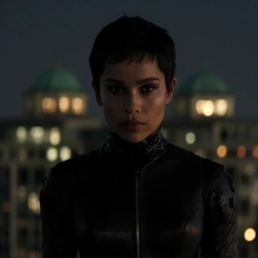 defined facial features. Her makeup is bold, smooth skin tone. She is dressed in a striking black latex outfit, enhancing the mysterious and intimidating atmosphere. Her skin tone appears light, cityscape background with lit-up buildings, dramatic photograph of a young woman with a short, almond-shaped eyes accentuated with subtle, pixie-cut hairstyle and a light brown complexion, zippers