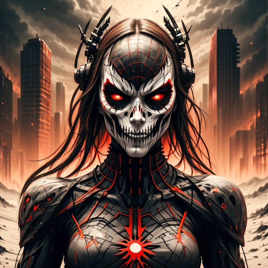 Forward facing Close up of a female brown, grey and black nanotechnology robot human/spider ninja, wearing a leather bodysuit, facemask, he has visible metal parts with fine deep red and orange accents, has glowing eyes, ninja mask, hellish underground, brown, white charcoal landscape, surrounded by black demons and dark mountains, against a black sky The artwork is in a dark fantasy art style with a hyper-realistic, horror-inspired aesthetic, featuring a gothic high-contrast, and symmetrical composition, desaturated white, brown, grey, orange, red and black color palette --ar 4:5, art by Otomo Katsuhiro --ar 4:5 --s 850 --c 50 --v 6.0