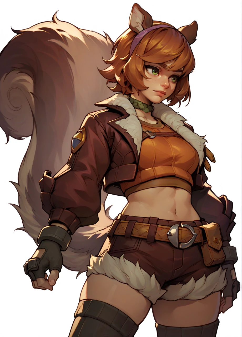 1girl, solo, cowboy shot, white background, crop top, open jacket, fingerless gloves, shorts, belt, thighhighs, short hair, hairband, squirrel tail, mrsqrgrl <lora:MR_SquirrelGirl-PONY:0.8>, score_8_up, score_7_up, score_6_up, score_5_up, score_4_up,