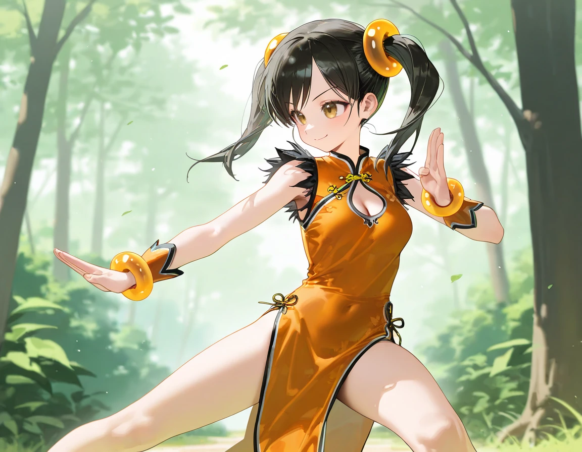 masterpiece, best quality, amazing quality, very aesthetic, newest, general,
solo, ling xiaoyu, tekken, brown eyes, black hair, long hair, twintails, medium breasts, smile,
china dress, standing, fighting stance,
outdoors, forest,
(ningen mame:0.65), (ciloranko:0.7), (blvefo9:0.4), (ebifurya:0.55), (ke-ta:0.5), (ikeda kazumi:0.25), (zen \(kamuro\):0.55), (ishikei:0.3), <lora:nyalia:0.3>, <lora:dj_sloppa_ill_v2:0.4>,