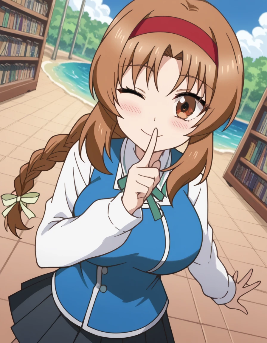 score_9, score_8_up, score_7_up, source_anime, <lora:dfrag-takao-s1-ponyxl-lora-nochekaiser:1>, takao, long hair, large breasts, brown hair, brown eyes, braid, hairband, braided ponytail, anime screencap, skirt, shirt, long sleeves, white shirt, pleated skirt, vest, blue vest, green ribbon, black skirt, pleated skirt,, island, water, tropical, trees, isolation, , <lora:shushing-ponyxl-lora-nochekaiser:1>, shushing, finger to mouth, index finger raised, from above, library, smile, blush, one eye closed, dutch angle,, looking at viewer, solo,, dutch angle, cowboy shot