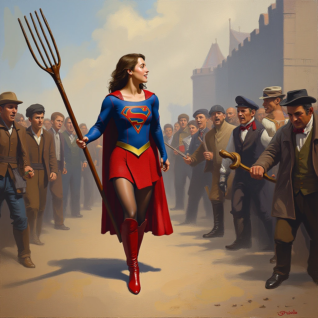 Beautiful impressionistic oil painting of a woman in the 1870s in france during the french revolution holding a three-pronged simple pitchfork and leading a rabble of shouting people to the bastille. She is dressed in red and blue sg outfit shirt cape belt skirt tights boots and has a determined look on her face.