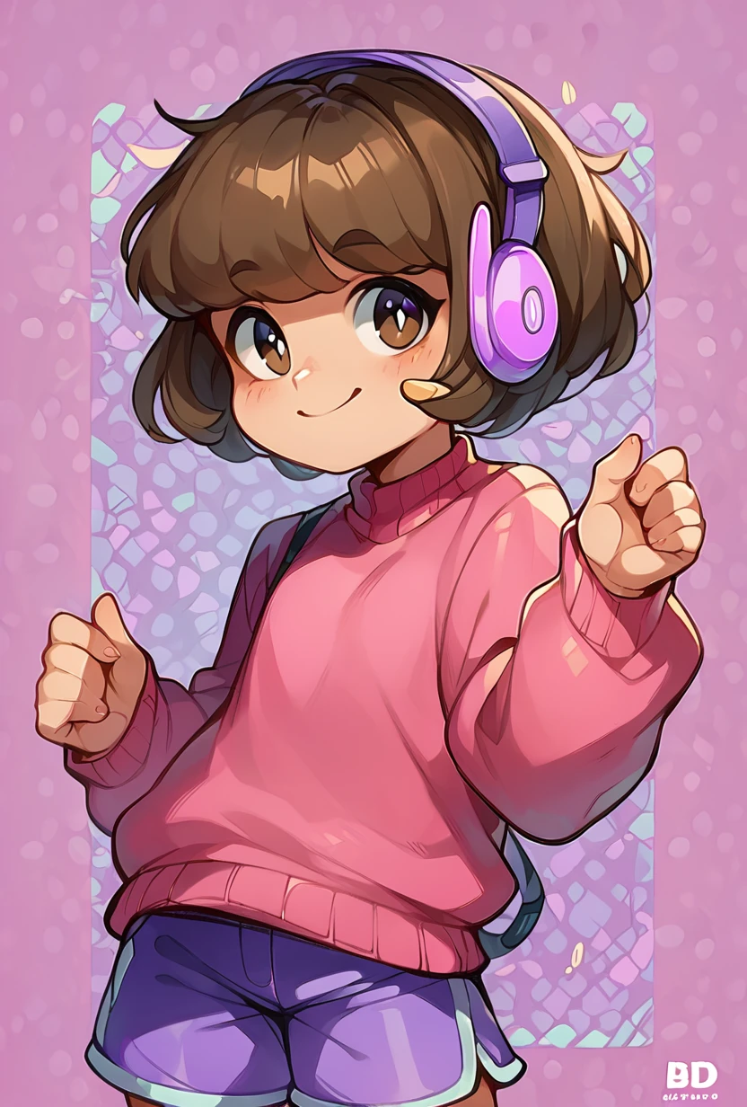 score_9, score_8_up, score_7_up,,  good quality ,, character focus, solo, , best quality , detailed background,  <lora:melodii-05:1> melodii, brown hair, 1girl, short hair, purple headphones, pink sweater, long sleeves, purple shorts