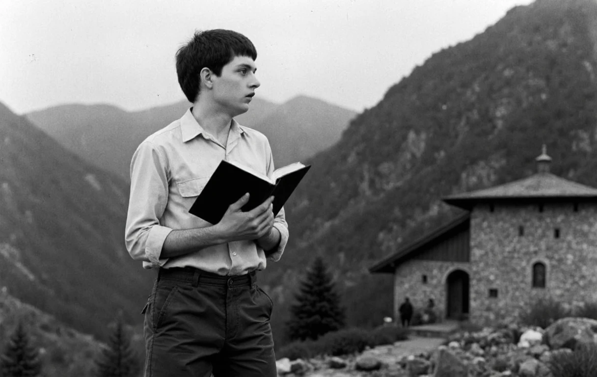 Concept art, An image of Ian Curtis Holding a book, wearing a convertible collar shirt and vintage sweatpants, at a mountain monastery. dungeoncore aesthetic.