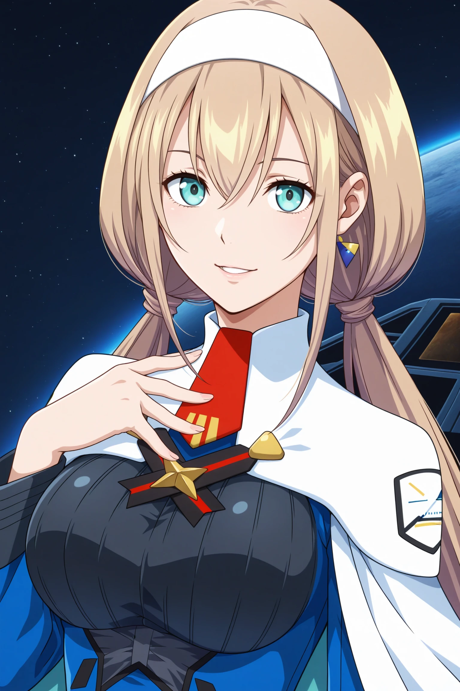 masterpiece, best quality, amazing quality, highres, absurdres, very aesthetic, high resolution, ultra detailed, perfect details, 1girl, solo, science fiction, space, spacecraft, indoors, medium breasts, mitsuba greyvalley, blonde hair, long hair, low twintails, white hairband, blue eyes, single earrings, military uniform, blue dress, long sleeves, white capelet, short necktie, framed breasts, black pantyhose, white footwear, boots, <lora:Mitsuba_Greyvalley_ILXL:0.8>, (aged up:1.5), (upper body:1.5), (pose:1.2), seductive smile, looking at viewer, (anime coloring:1.5), (anime screencap:1.5), parted lips