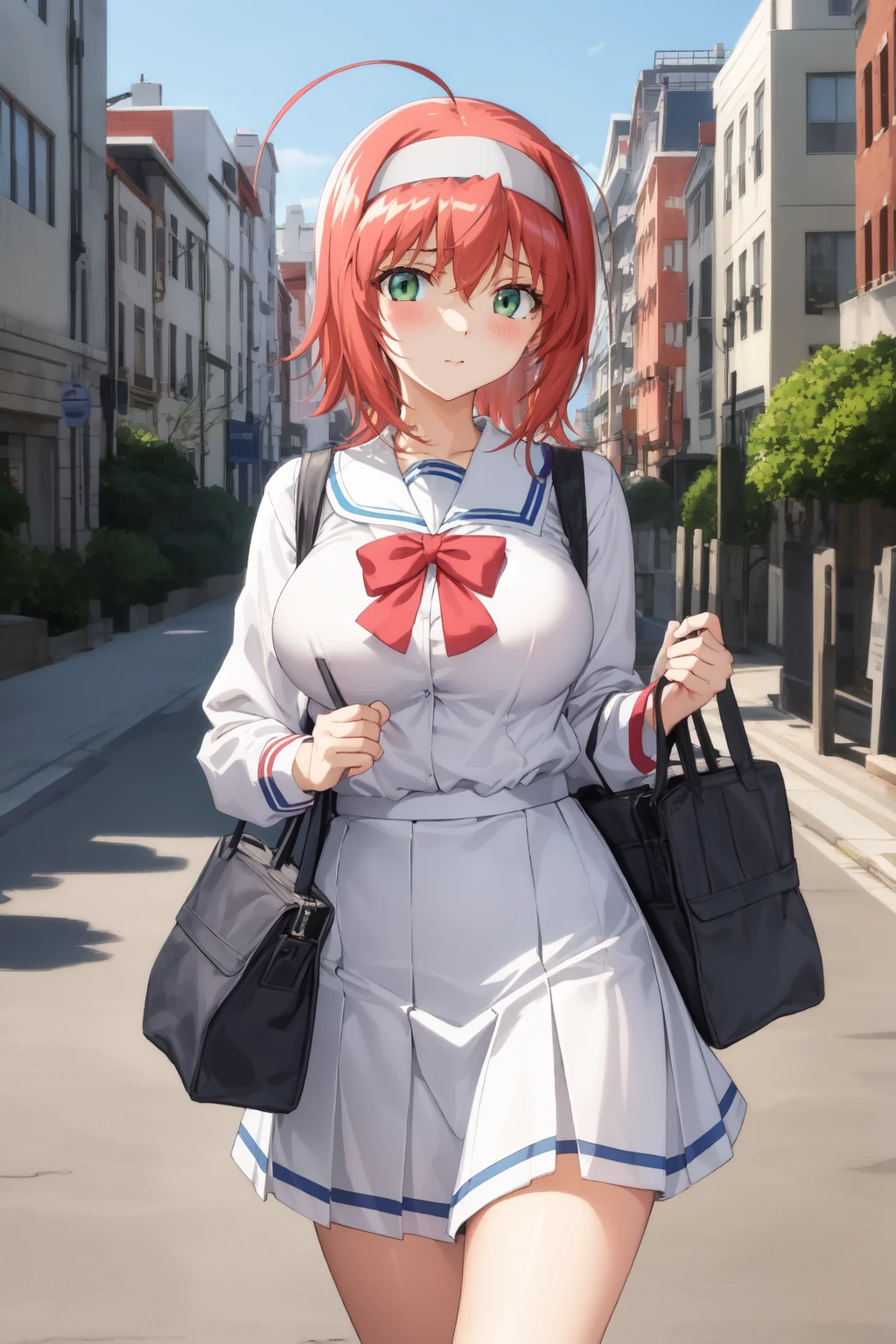 akane_maniax, suzumiya_akane, 1girl, solo, blush, closed_mouth, looking_at_viewer, city, buildings, park, walking, bag, carrying, holding_object, (standing:1.2), (cowboy_shot:1.2), (short hair, ahoge:1.3), orange hair, red hair, (white hairband:1.1), (green eyes:1.2), (large breasts:1.2), (wide hips:1.2), school_uniform, serafuku, white shirt, (white skirt, short skirt:1.2), pleated skirt, blue ribbon, long sleeves, puffy sleeves, juliet sleeves, masterpiece, best quality, best aesthetic, anime, ultra detailed