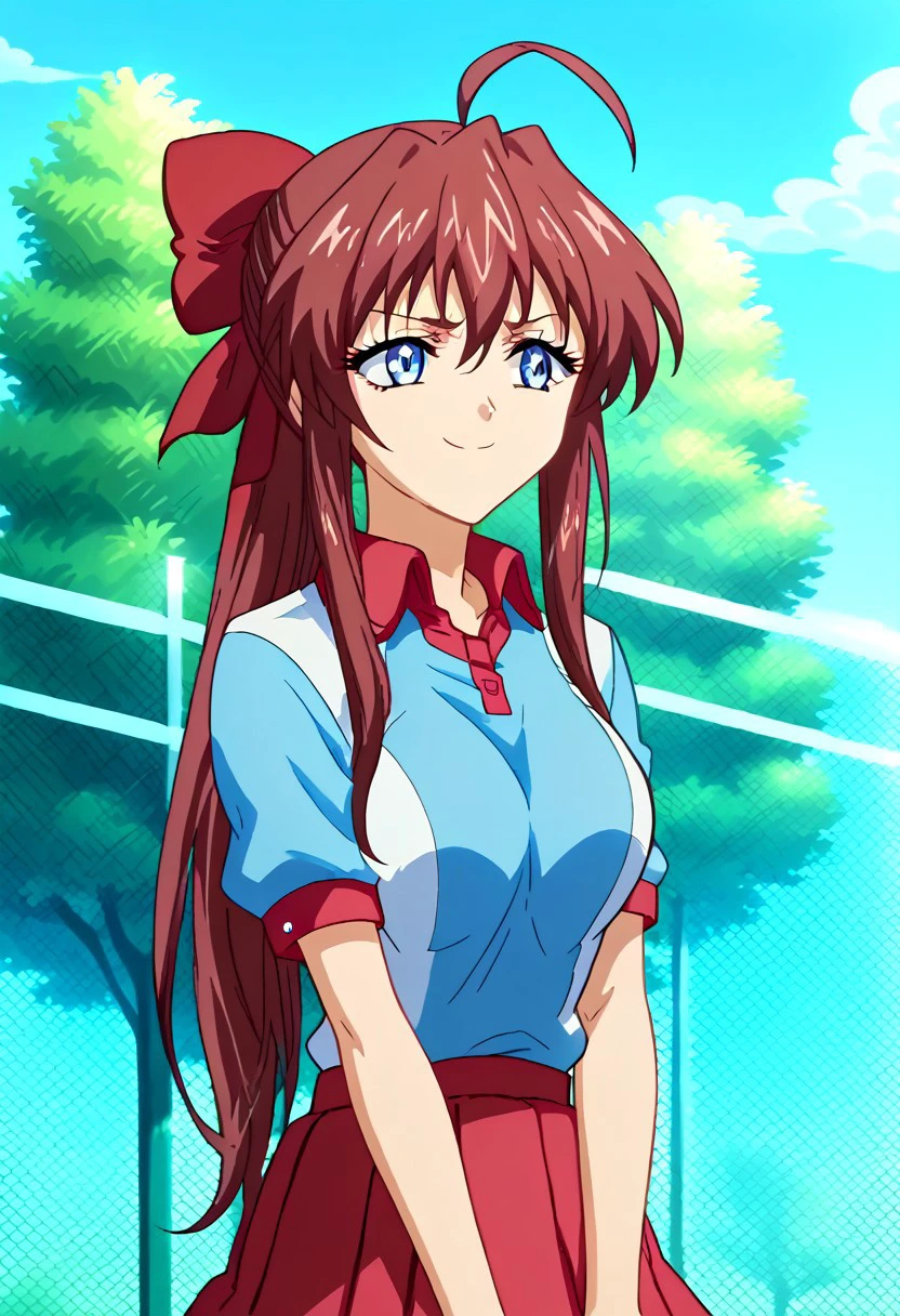 anime screencap, score_9, score_8_up, score_7_up, score_6_up, score_5_up, score_4_up, BREAK source_anime,close up 1girl, ((anime screencap)), Expressiveh, 1girl, ahoge,
KanzakiaoiTB, tbtennisuniform, blue eyes, hair bow, tennis uniform, polo shirt, raglan sleeves, pleated skirt, red skirt, short sleeves
fence, v arms, smile, closed mouth, tree, sky,
< lora:Anime Screencap_epoch_10:1.2>