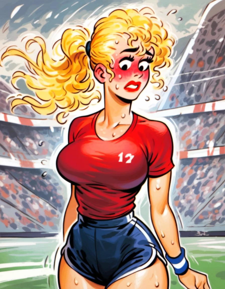 score_9, score_8_up, score_7_up, score_6_up, score_5_up, score_4_up, (bamforth_cartoon:1.2),

1girl, solo, pov,

blonde hair, ponytail athletic shorts, red shirt, number, sweatband, standing, looking down, close-up, blush, black eyes, shy, arms behind back, nervous, red lips, thin waist, large breasts, wide hips, wavy hair, sweat, straight-on,

outdoors, public, running track